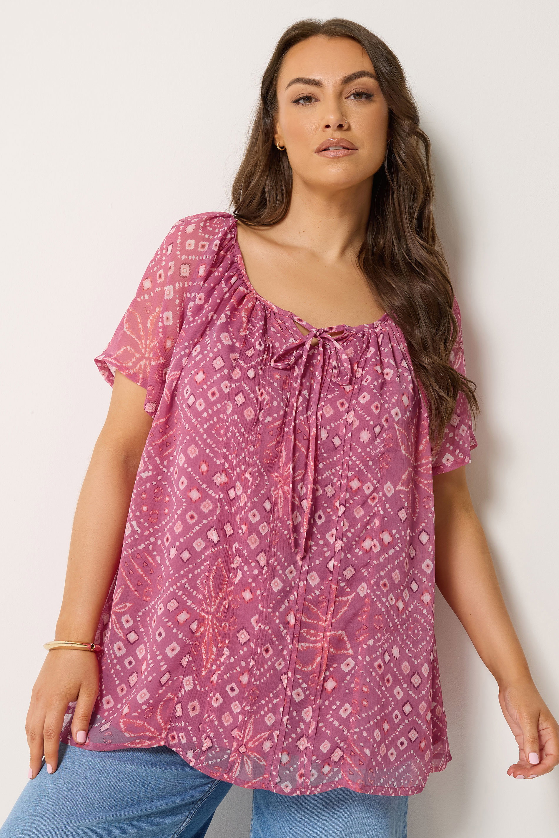 YOURS Curve Pink Geometric Ikat Print Pintuck Blouse | Yours Clothing 3