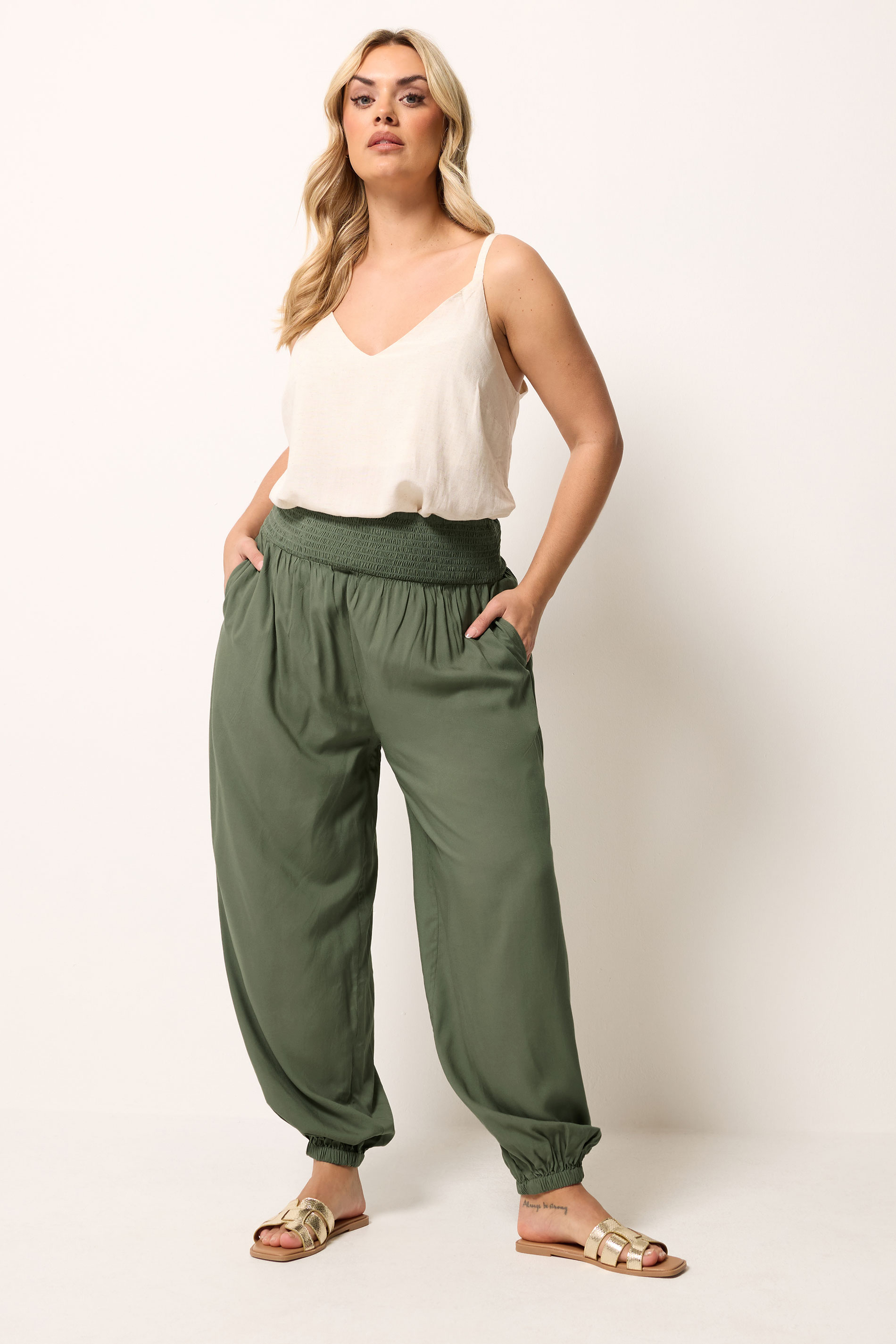 YOURS Plus Size Khaki Green Balloon Trousers | Yours Clothing 1