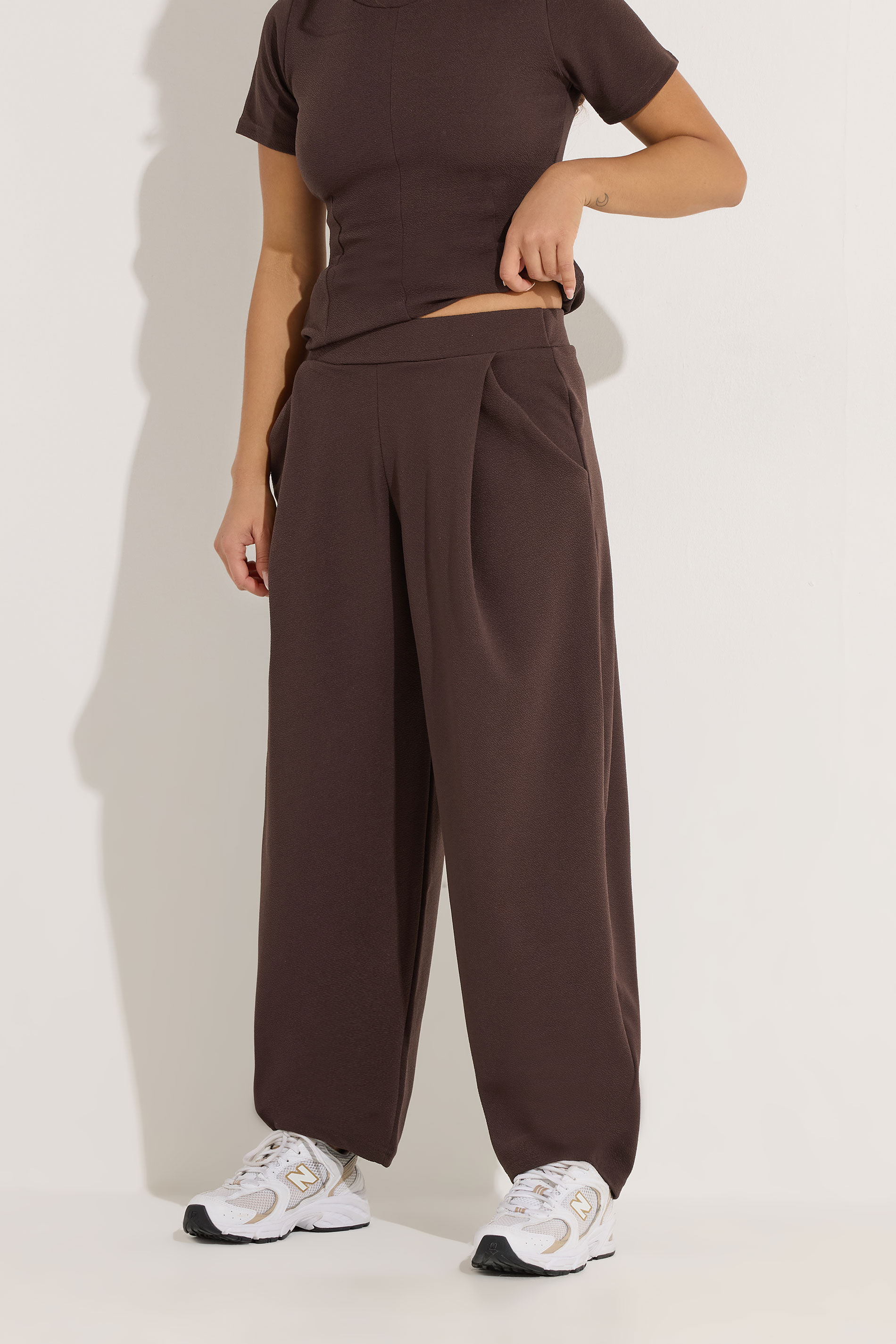PixieGirl Petite Women's Chocolate Brown Jersey Pleated Barrel Trousers | PixieGirl 1
