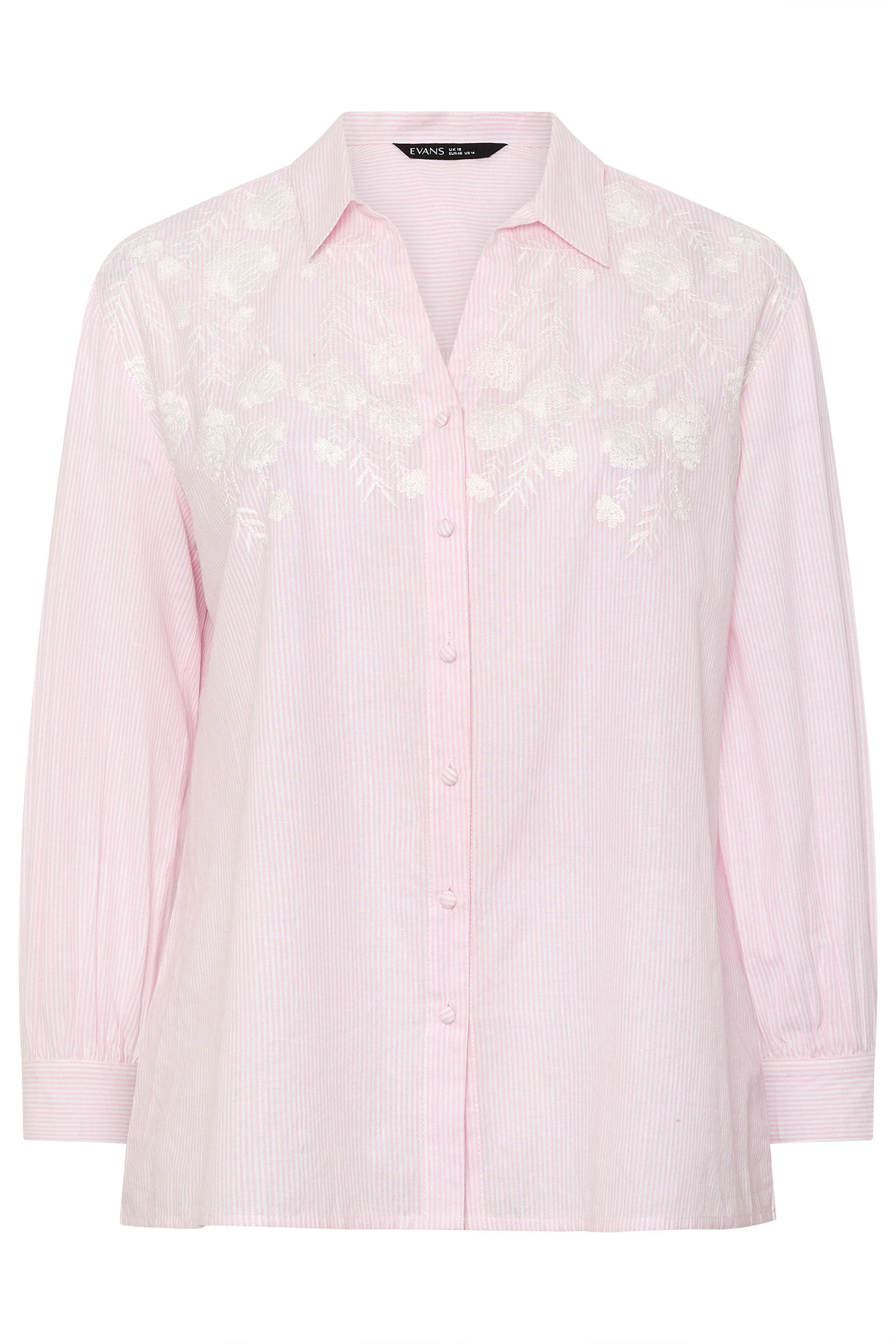 EVANS Curve Pink Stripe Embroidered Cotton Shirt | Evans 5