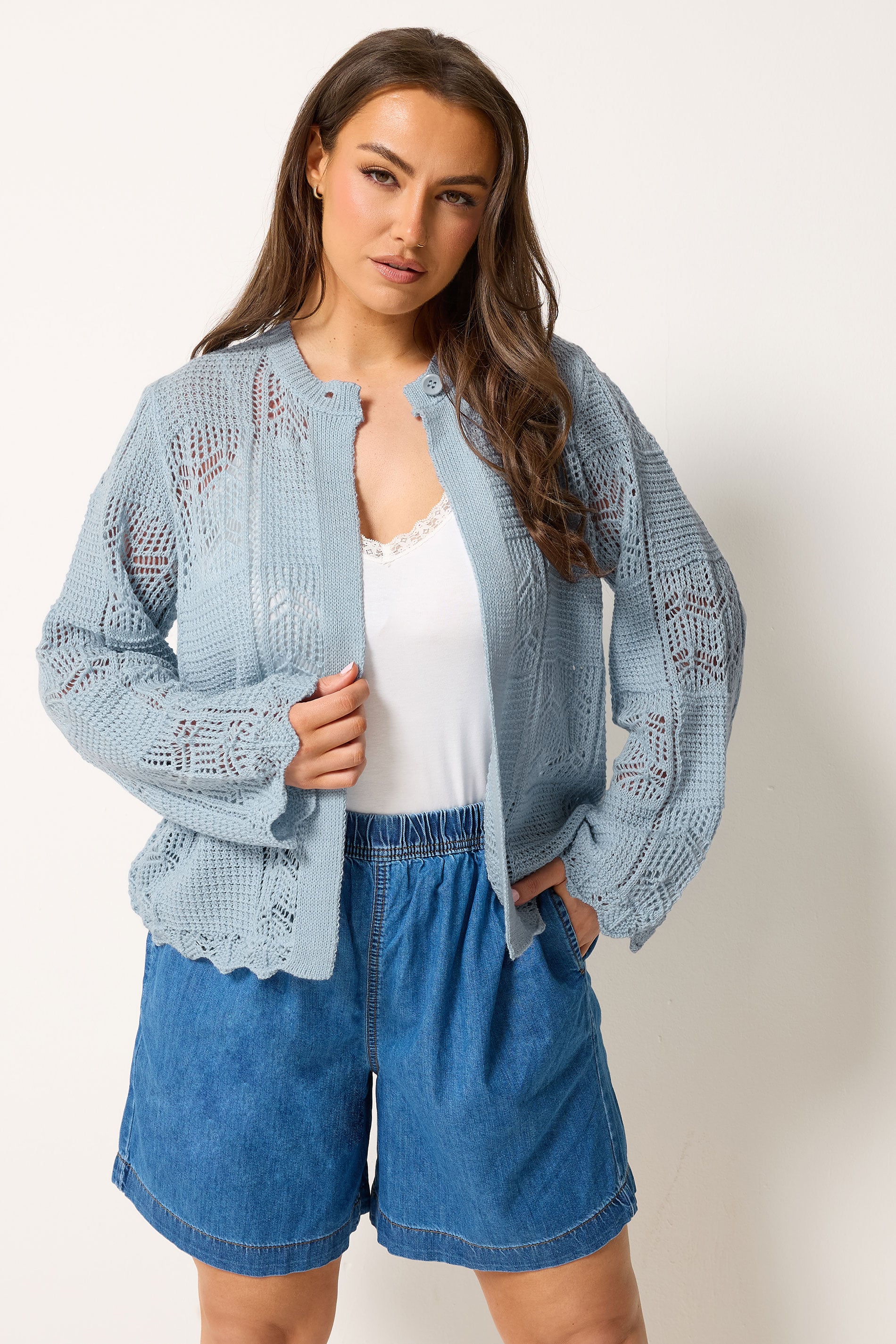 YOURS Plus Size Blue Crochet Knitted Cardigan | Yours Clothing 3
