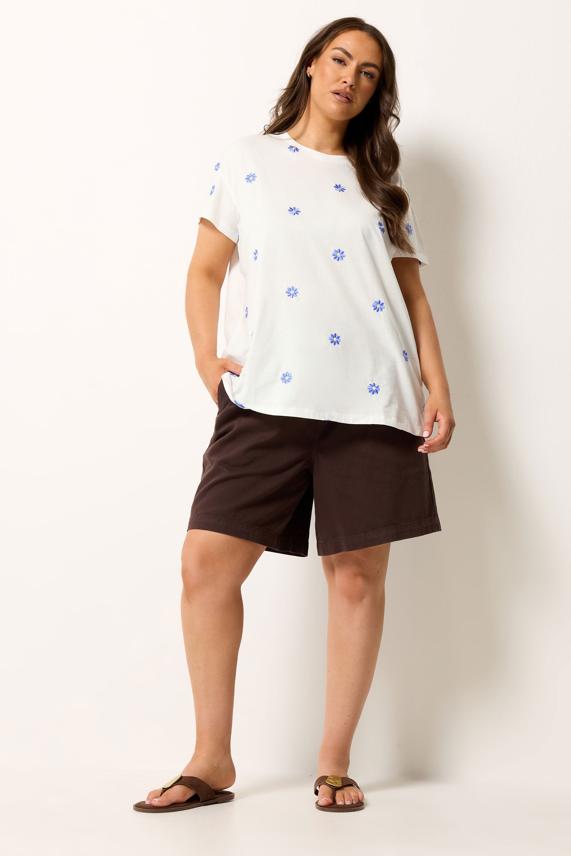 YOURS Plus Size White Embroidered Daisy T-Shirt | Yours Clothing 1