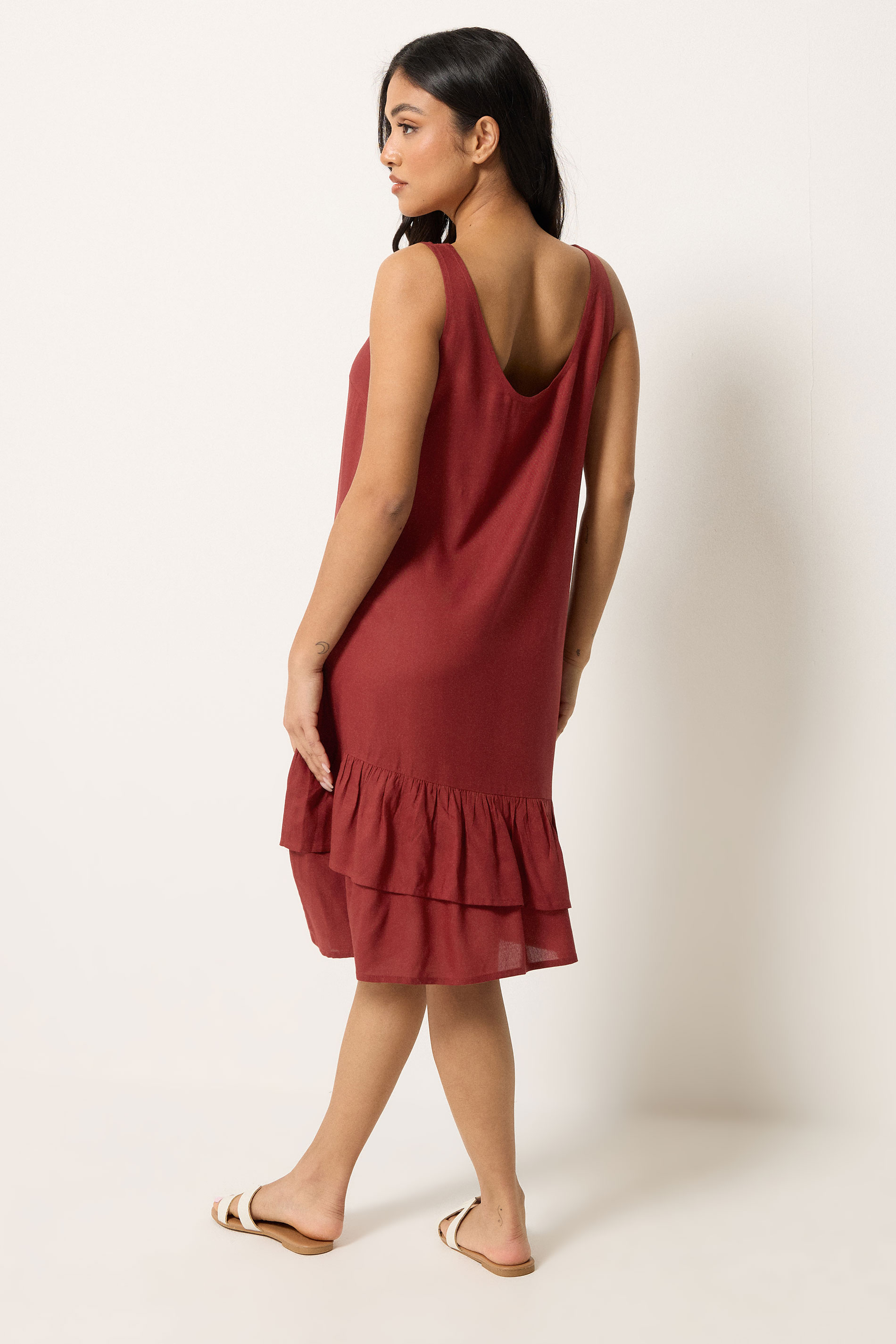 PixieGirl Petite Women's Dark Red Asymmetric Frill Midi Dress | PixieGirl 4