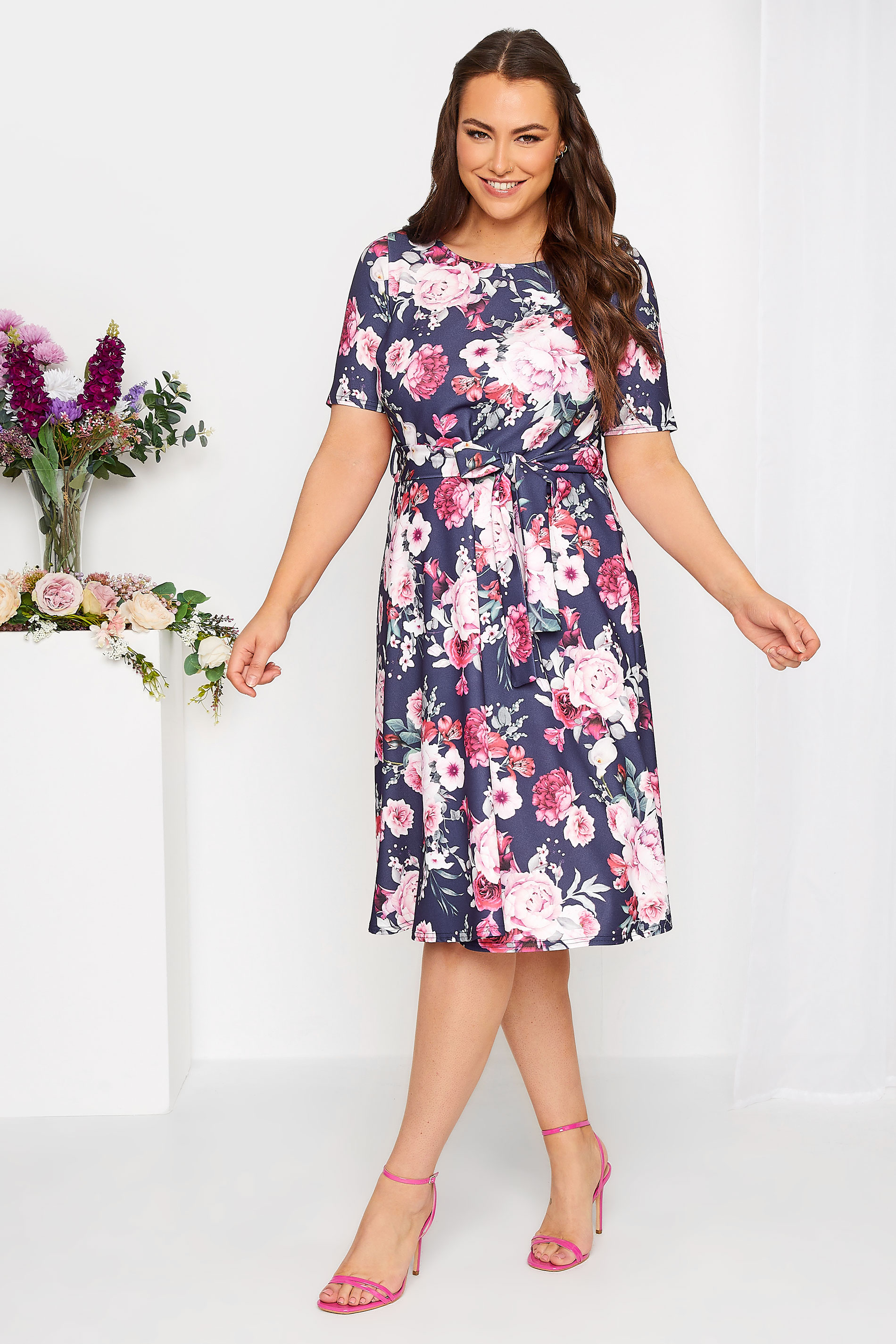 YOURS LONDON Curve Plus Size Navy Blue & Pink Floral Skater Dress | Yours Clothing  2
