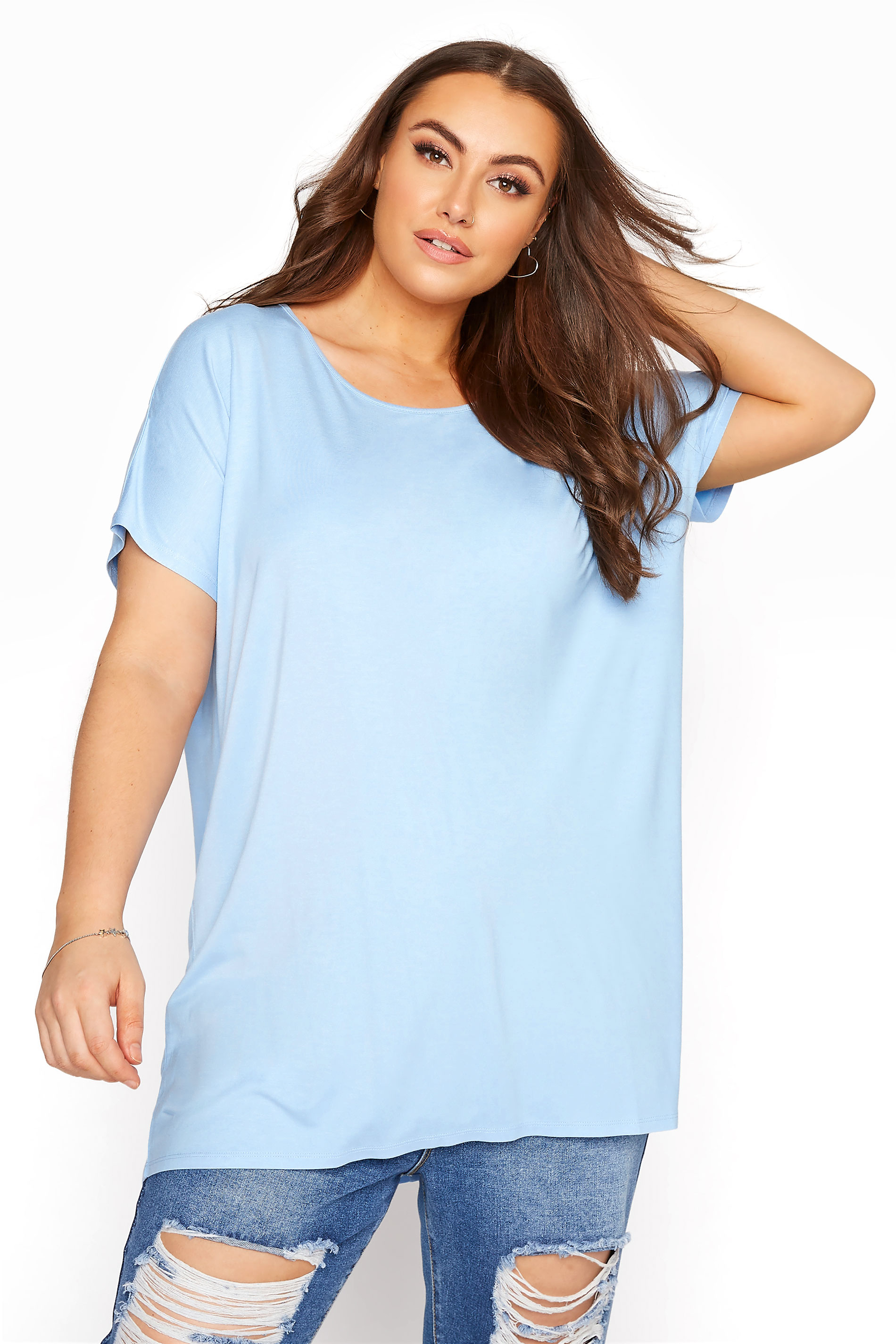 Pale Blue Grown on Sleeve T-Shirt | Yours Clothing