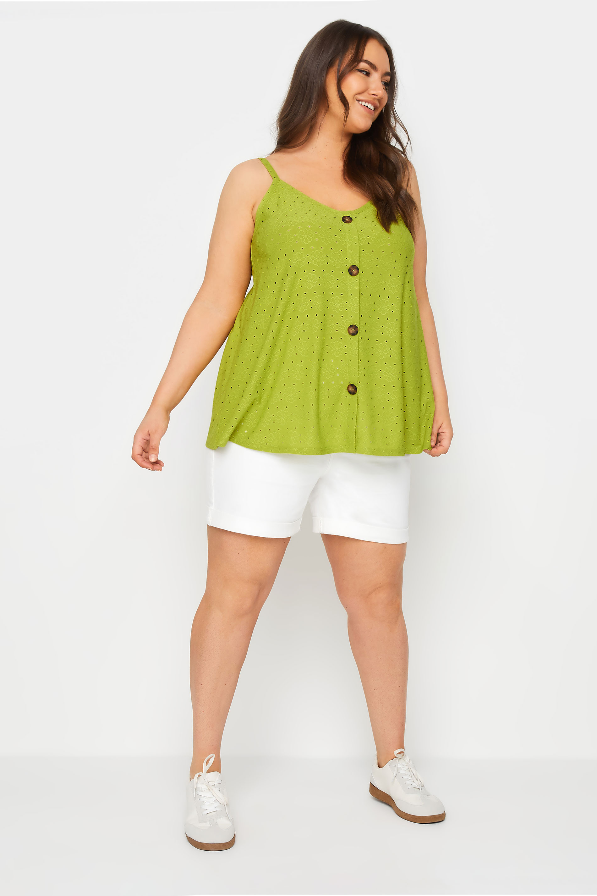YOURS Plus Size Green Broderie Anglaise Button Front Cami Top | Yours Clothing 2