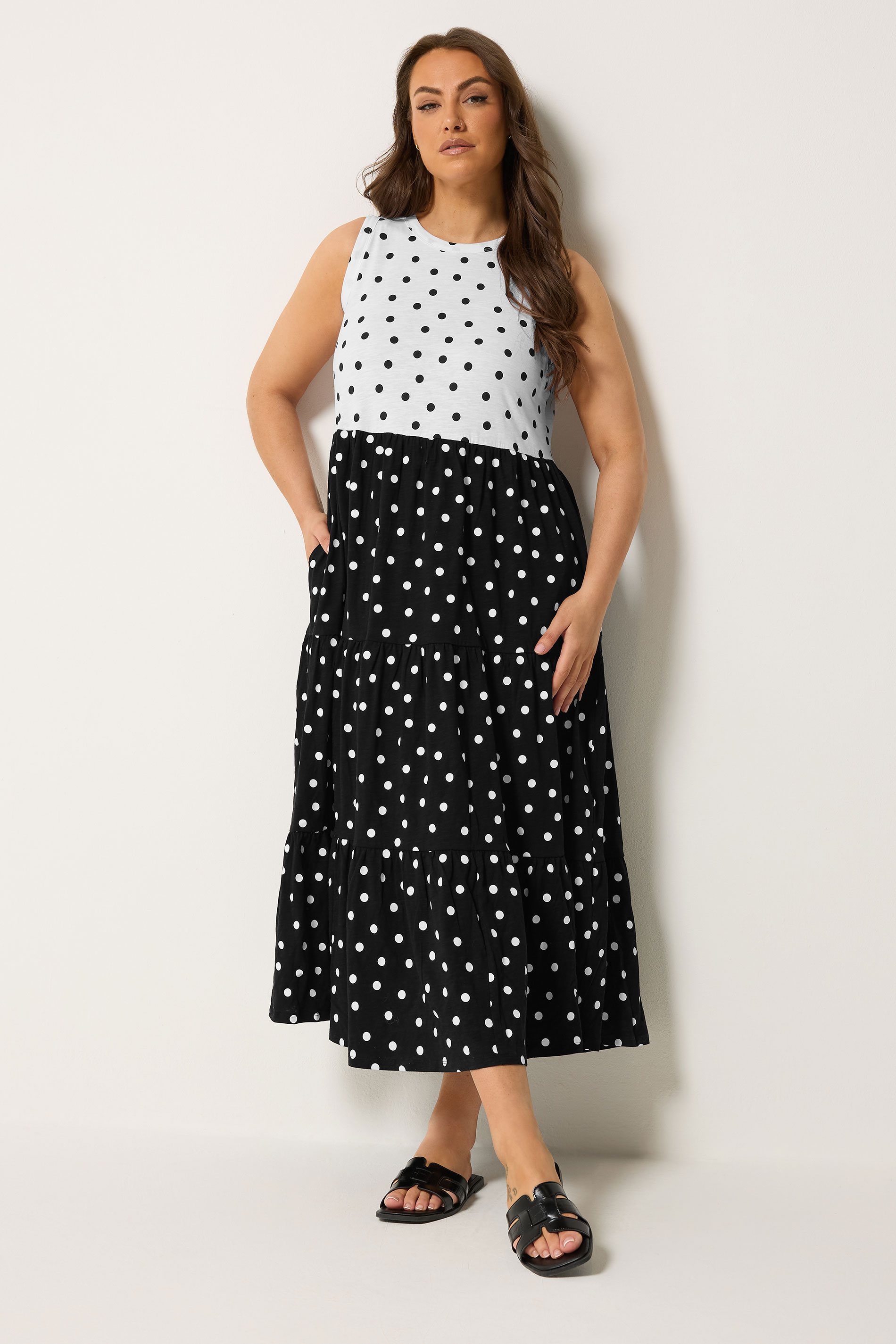 YOURS Plus Size Black & White Polka Dot Midi Dress | Yours Clothing 1