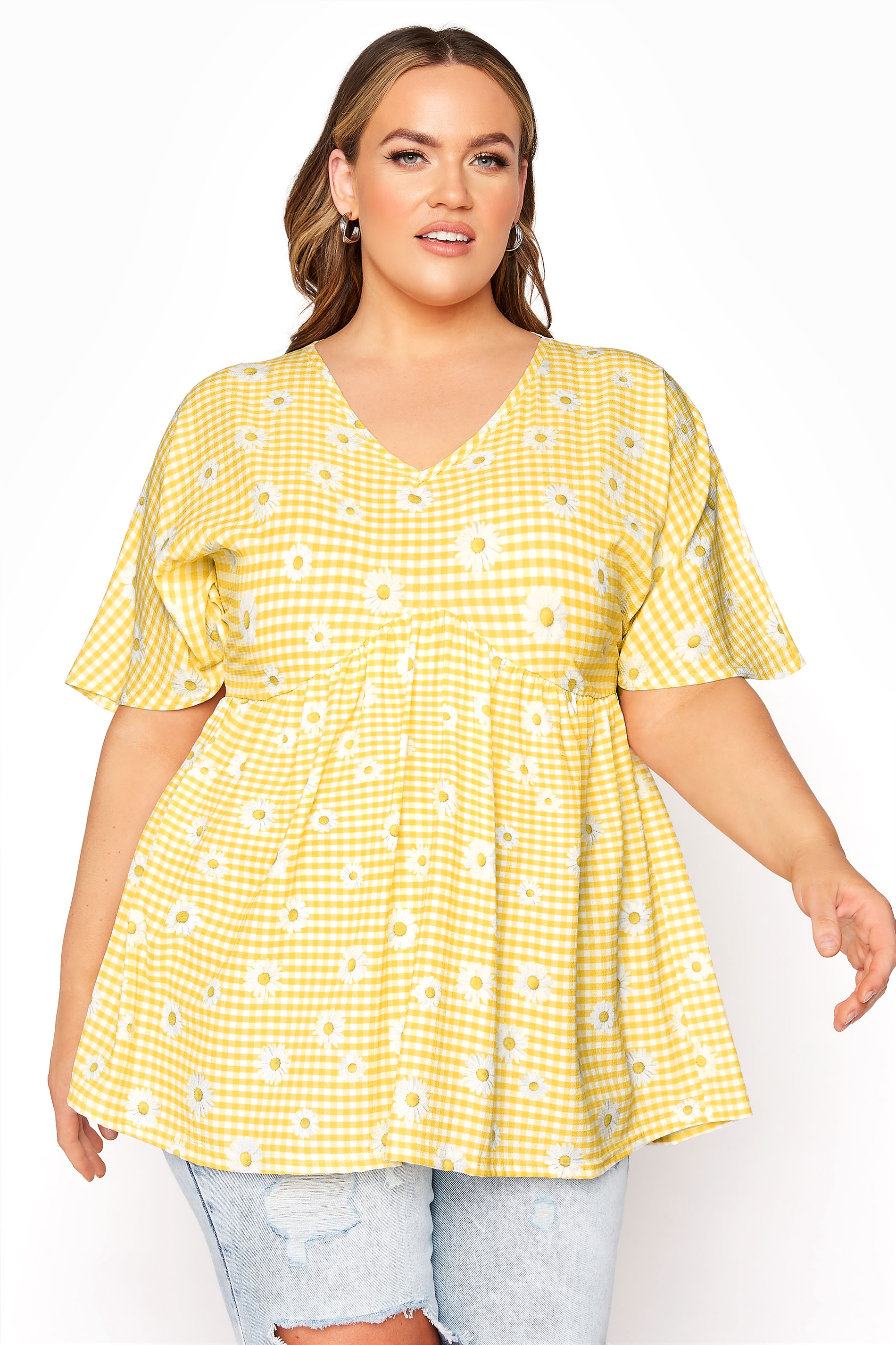 LIMITED COLLECTION Curve Lemon Yellow Gingham Floral Kimono Top_A.jpg
