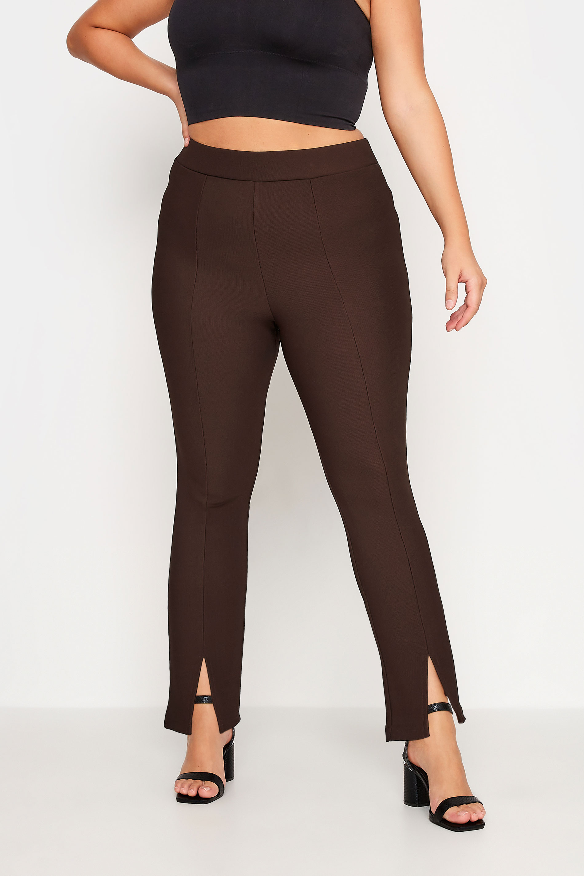 Plus Size Chocolate Brown Ribbed Split Hem Leggings | Yours Clothing