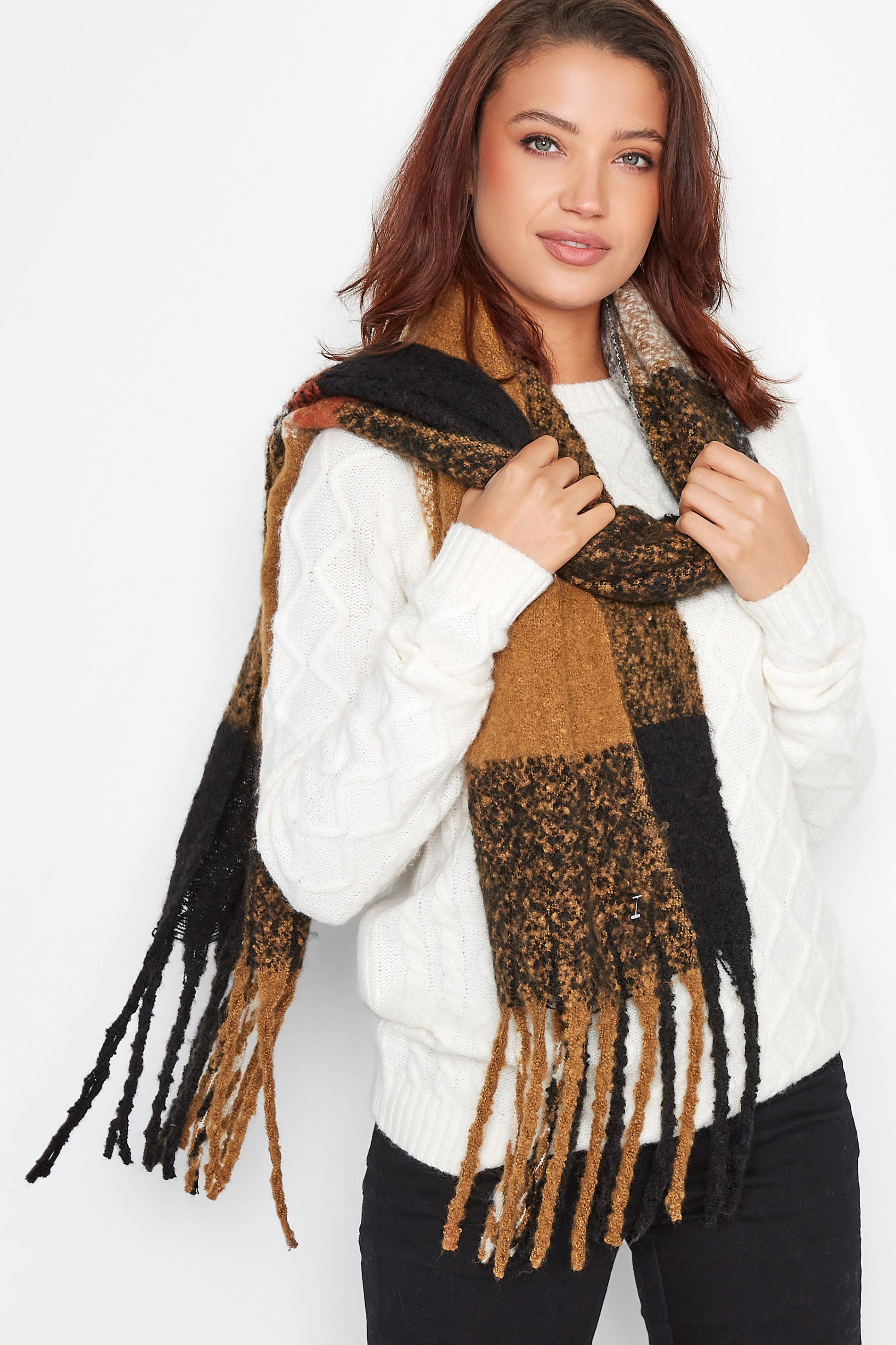 Brown & Black Check Chunky Tassel Scarf | Yours Clothing 1