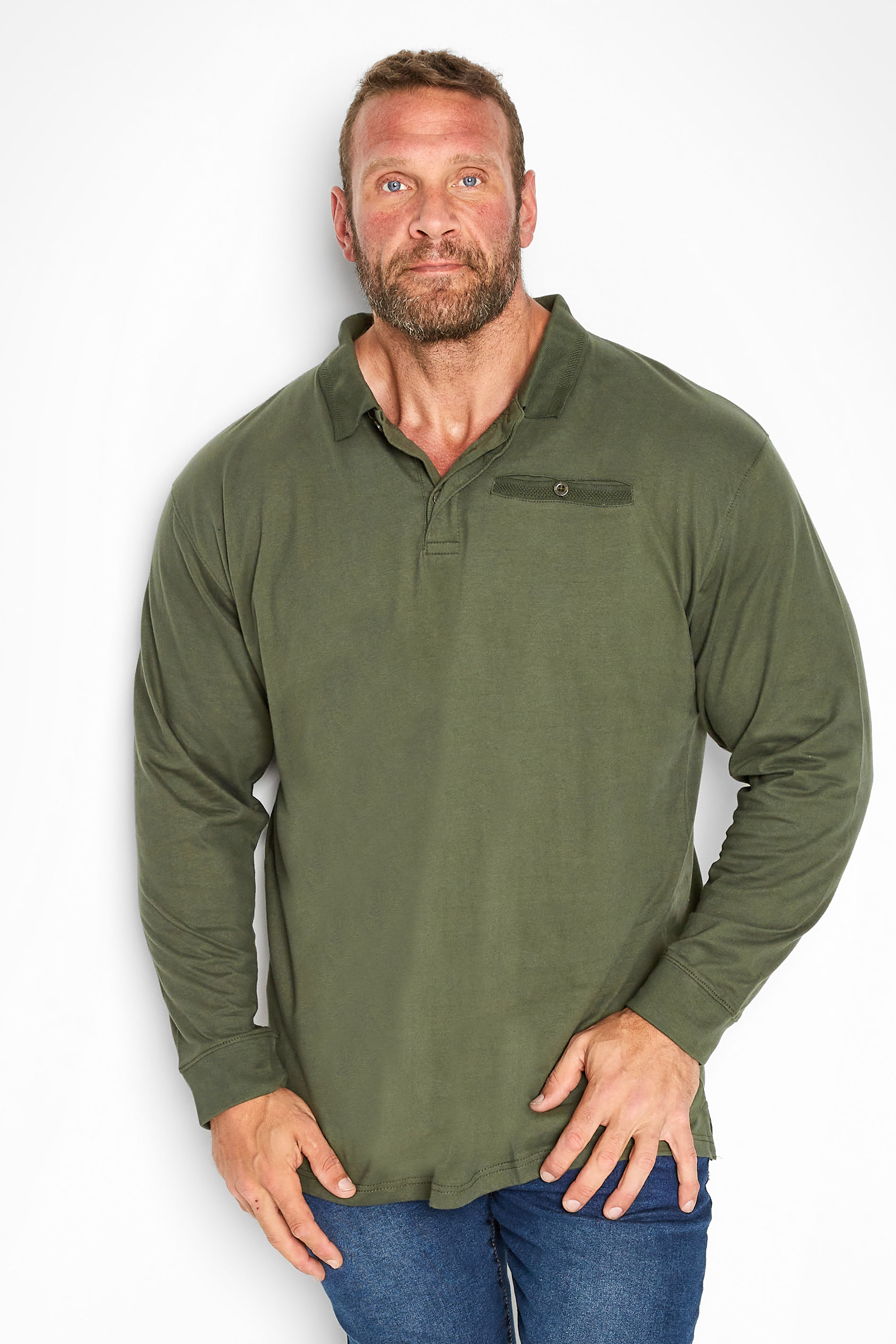 KAM Big & Tall Khaki Green Long Sleeve Polo Shirt 1