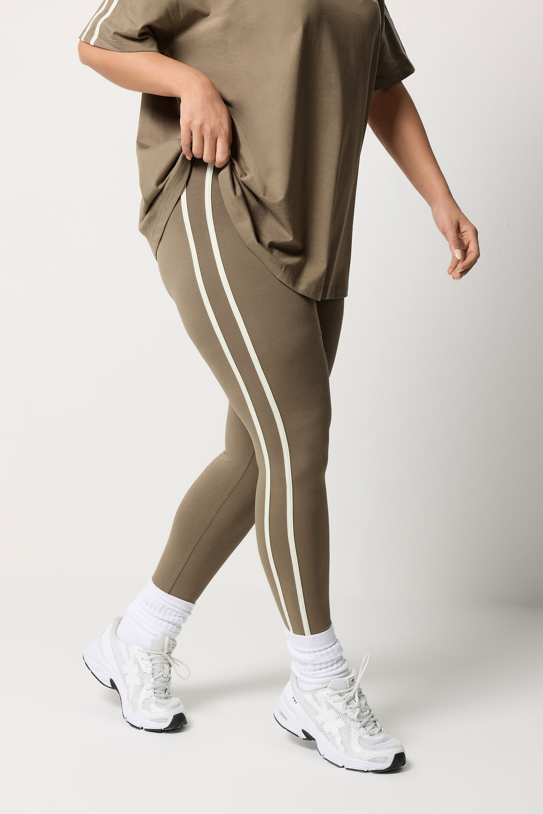YOURS ACTIVE Plus Size Brown Side Stripe Leggings | Yours Clothing 1