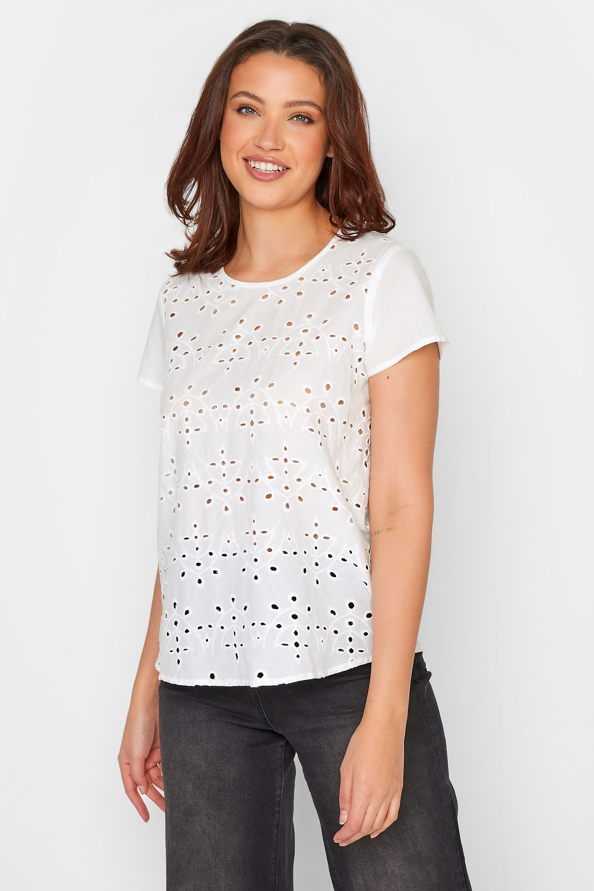 LTS Tall Women's White Broderie Front T-Shirt | Long Tall Sally 1