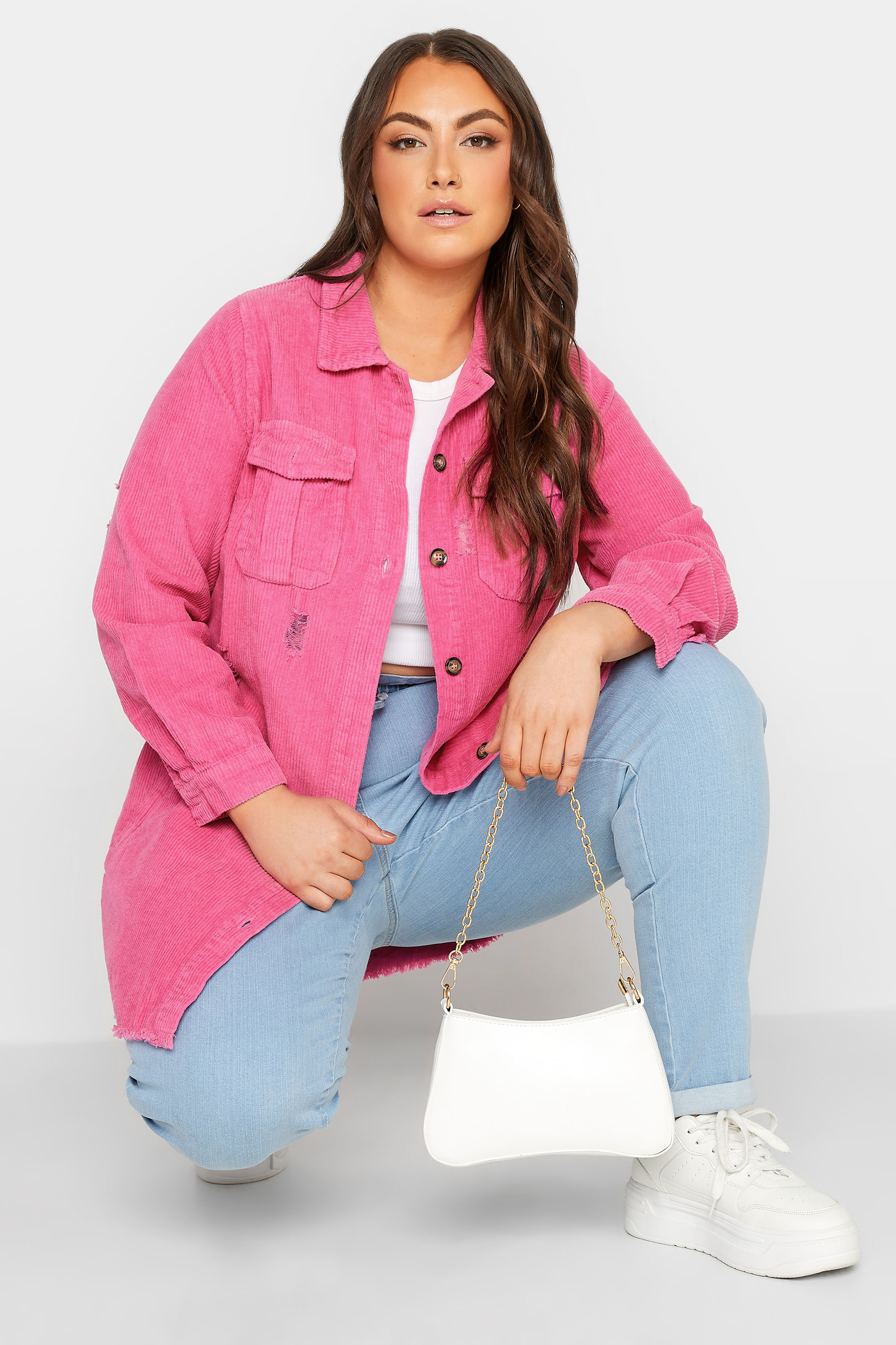 LIMITED COLLECTION Plus Size Hot Pink Ripped Cord Shacket | Yours Clothing  1