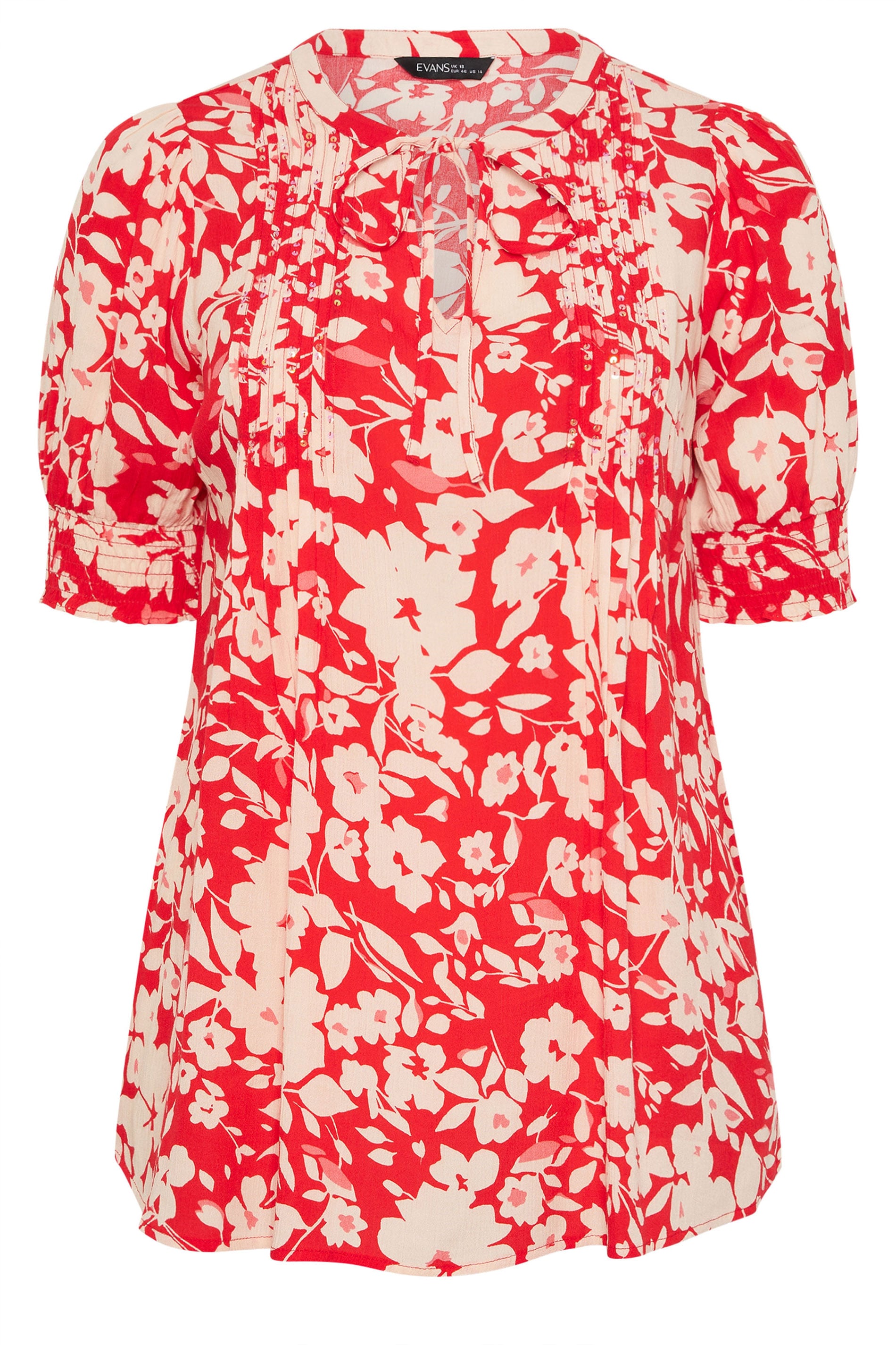 EVANS Plus Size Red Floral Pintuck Tie Neck Blouse | Evans 6