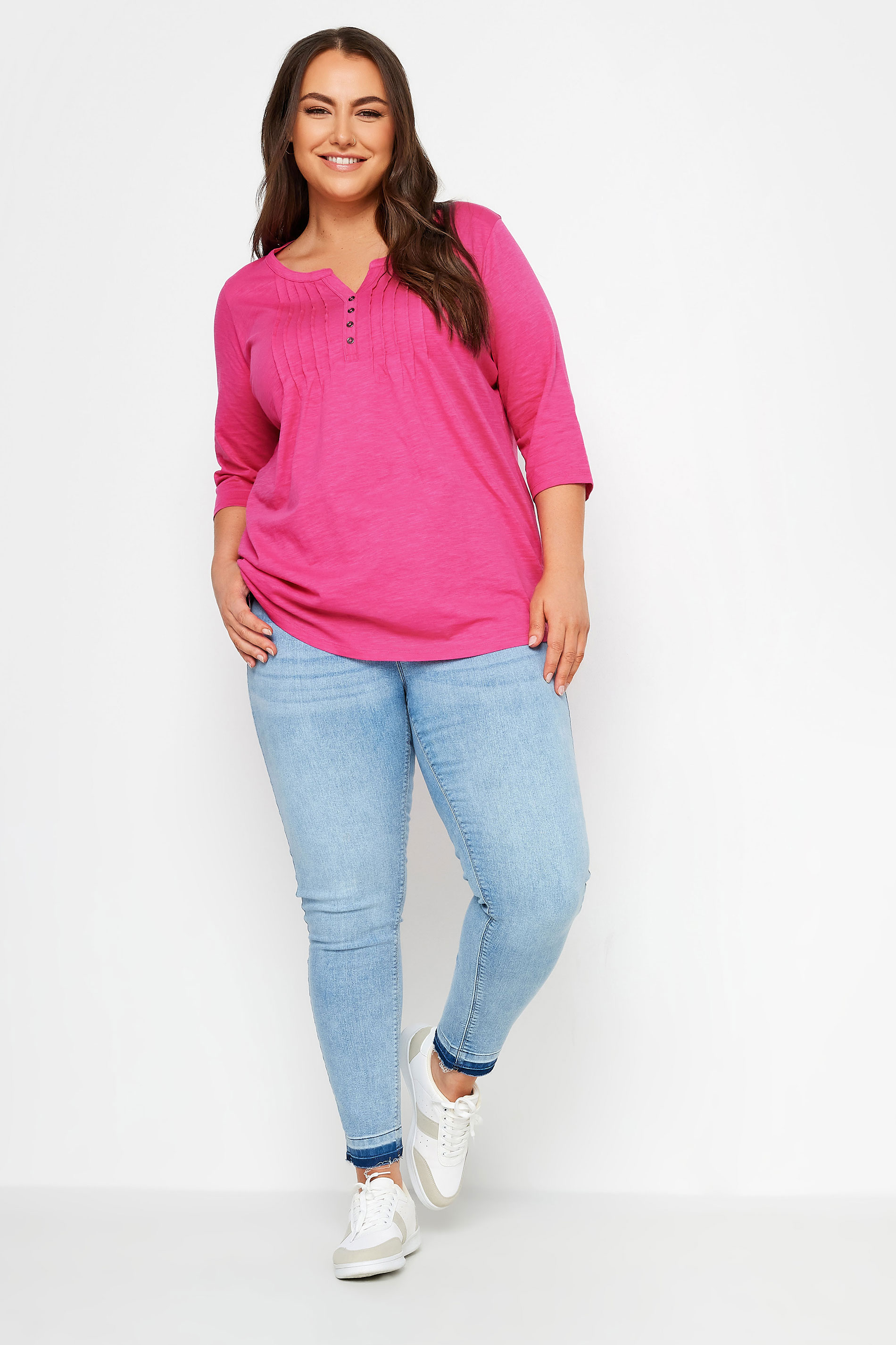 YOURS Plus Size Bright Pink Pintuck Henley Top | Yours Clothing 2