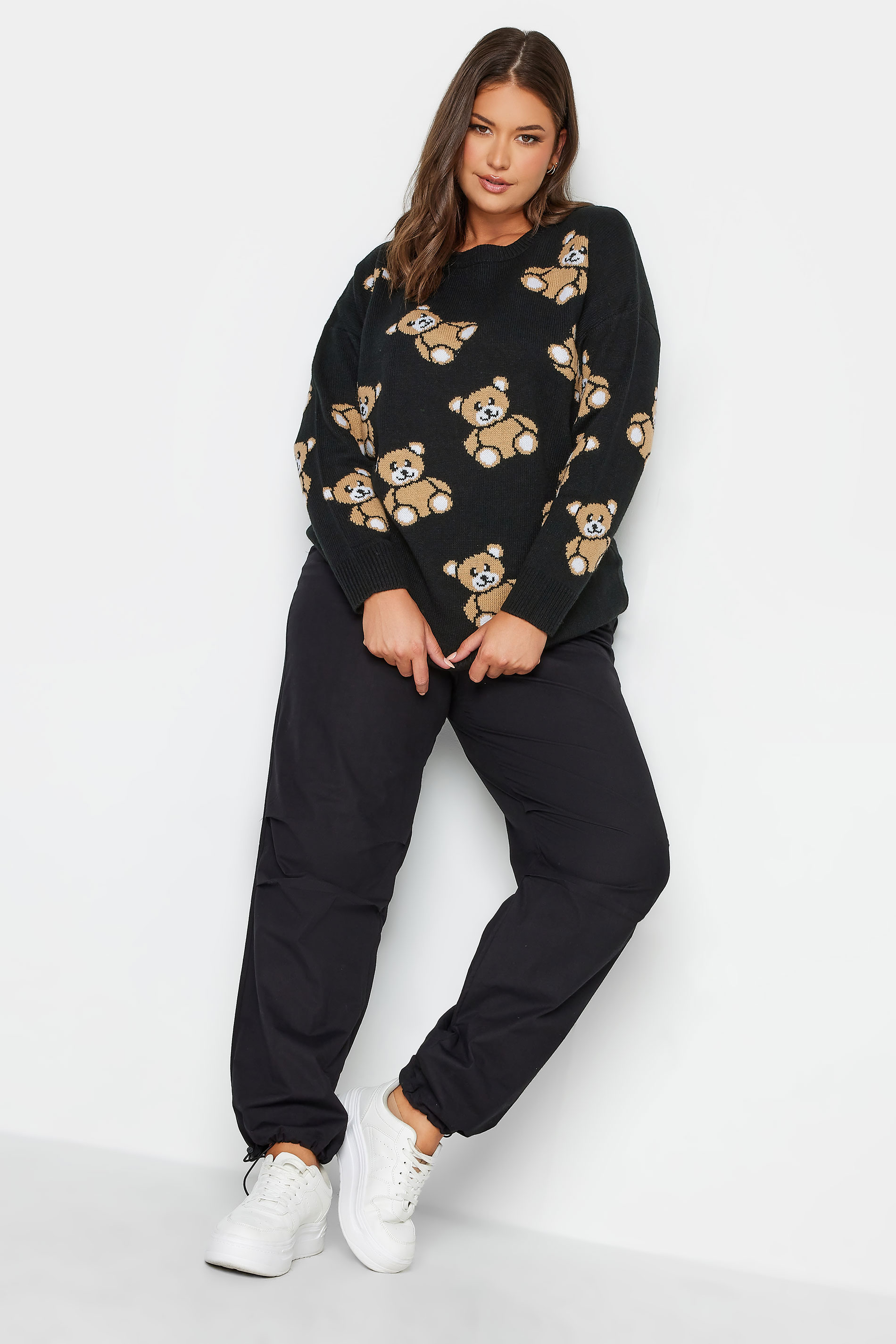 YOURS Plus Size Black Teddy Bear Print Knitted Jumper