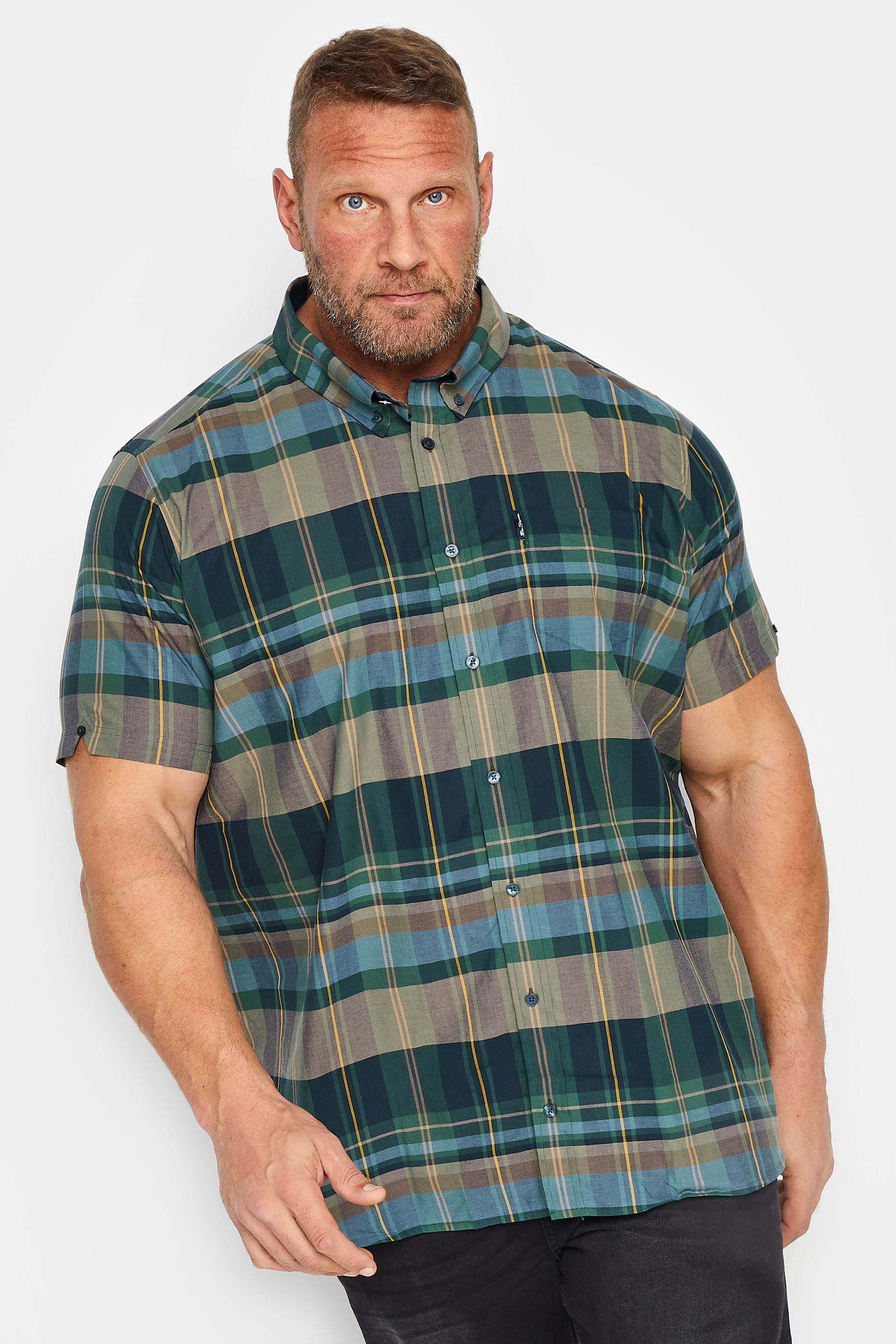 BEN SHERMAN Big & Tall Green Tartan Check Short Sleeve Shirt | BadRhino 1
