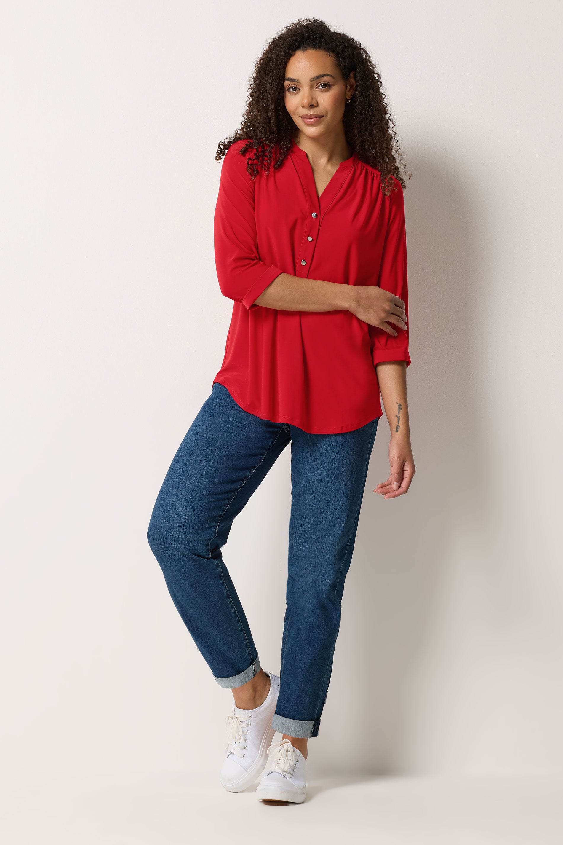 M&Co Red Half Placket Collarless Shirt | M&Co 2