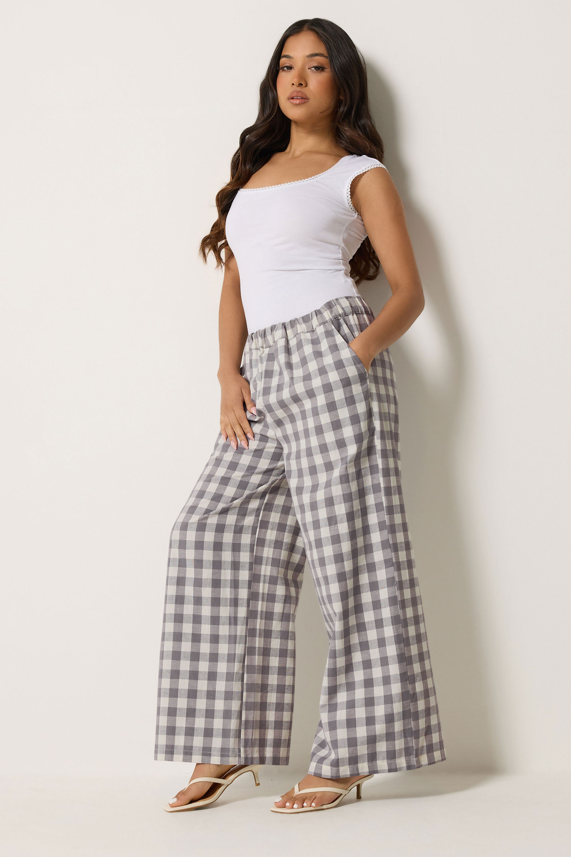 PixieGirl Petite Women's Grey Gingham Wide Leg Trousers | PixieGirl 3