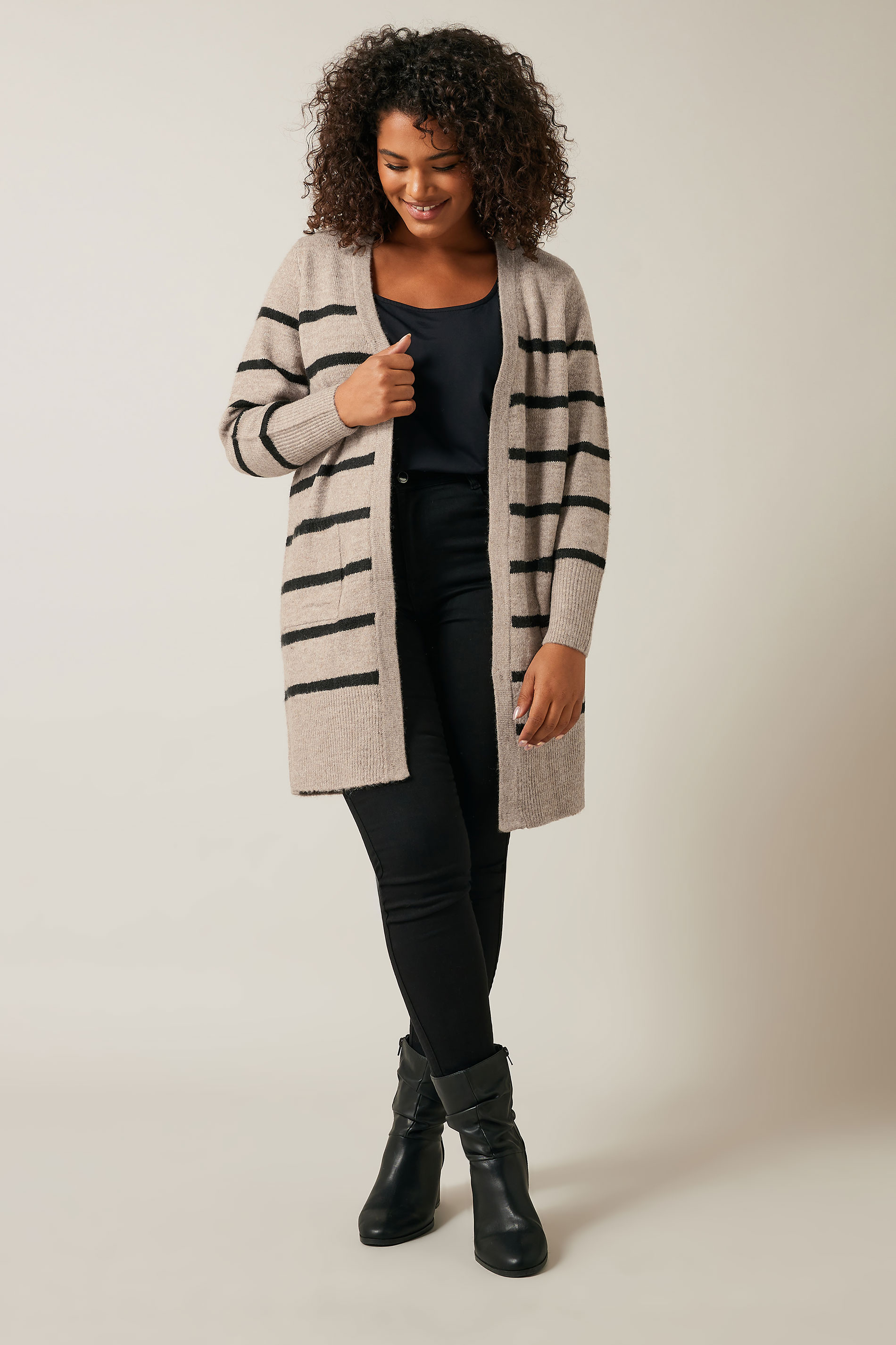 EVANS Plus Size Beige Brown Stripe Knitted Cardigan | Evans 1