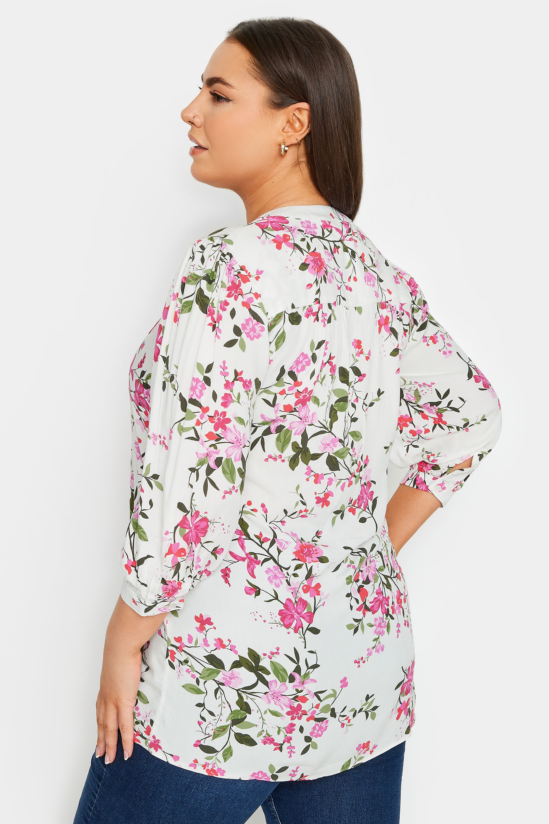 YOURS Plus Size Pink & White Floral Print Pintuck Blouse | Yours Clothing 3
