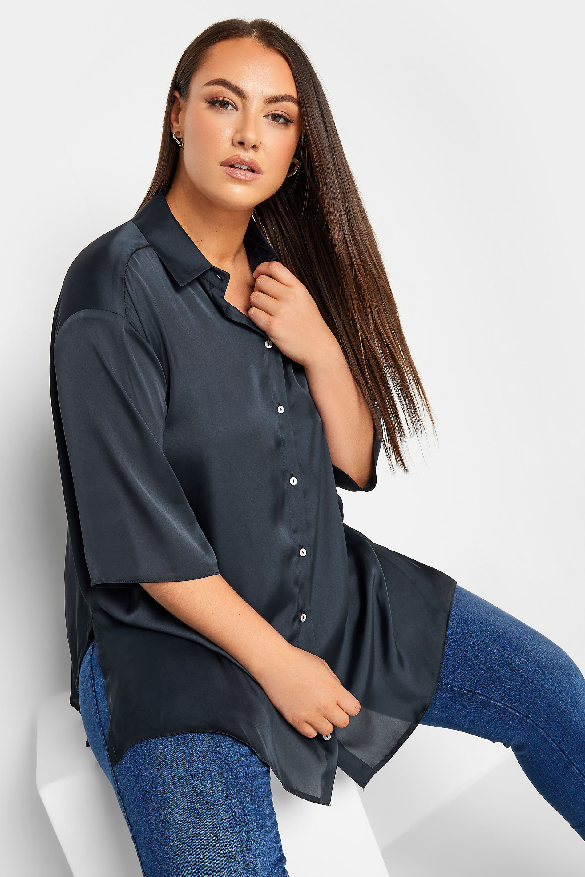 YOURS Curve Plus Size Navy Blue Satin Shirt | Yours Clothing  1