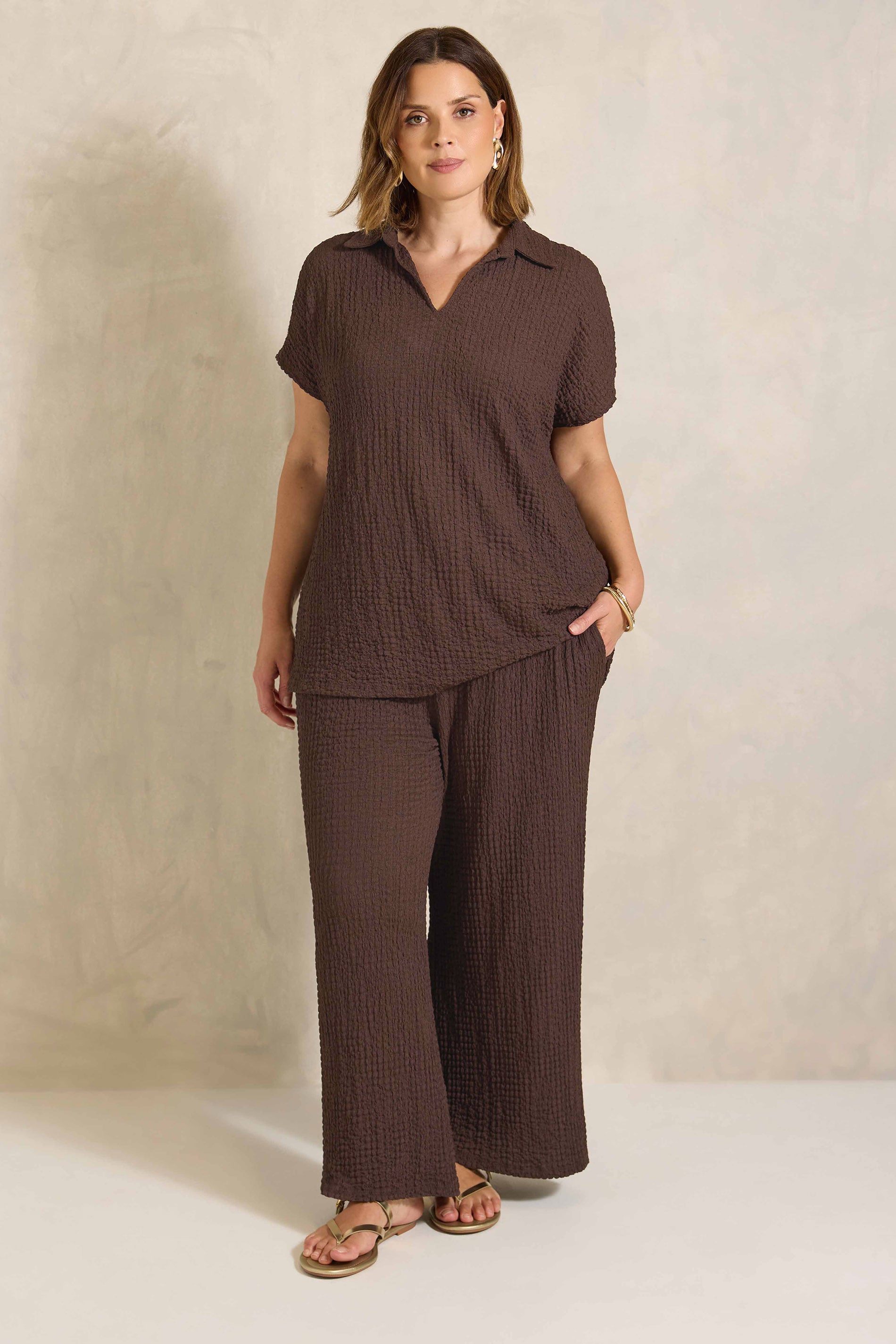 EVANS Plus Size Chocolate Brown Crinkle Short Sleeve Top | Evans 1