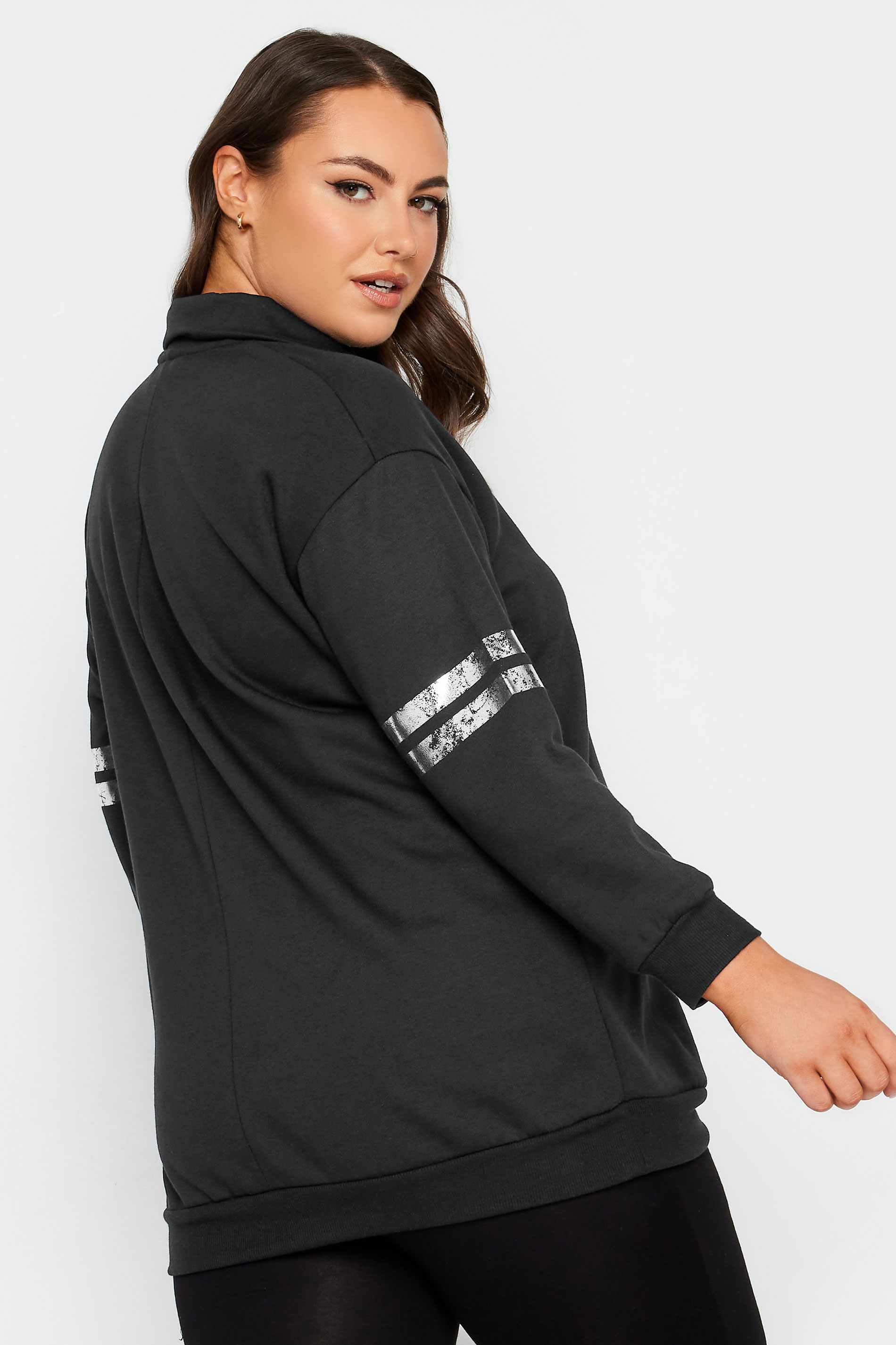 YOURS Plus Size Black 'Brooklyn' Varsity Half Zip Sweatshirt | Yours Clothing 3