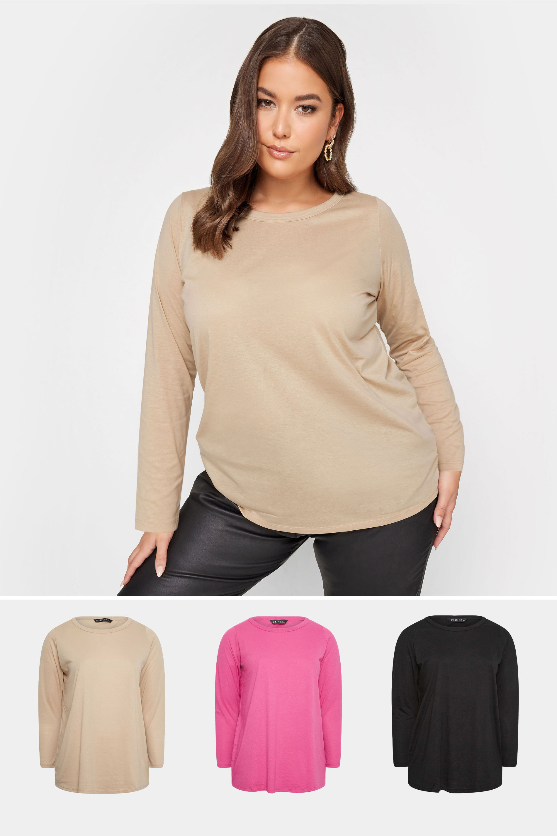 YOURS Curve Plus Size 3 PACK Beige Brown & Pink Long Sleeve Tops | Yours Clothing  1