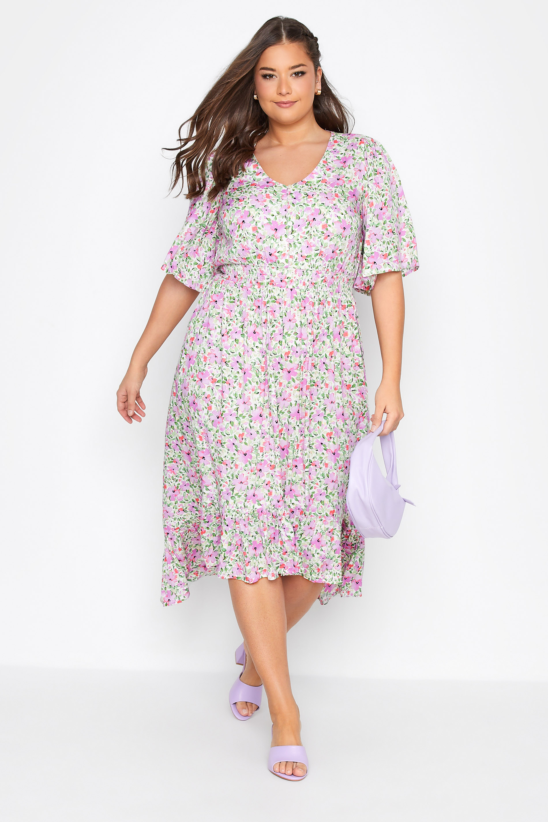 Robes Grande Taille Grande taille  Robes Mi-Longue | Robe Blanche Floral Midi Ourlet Plongeant - GP27840