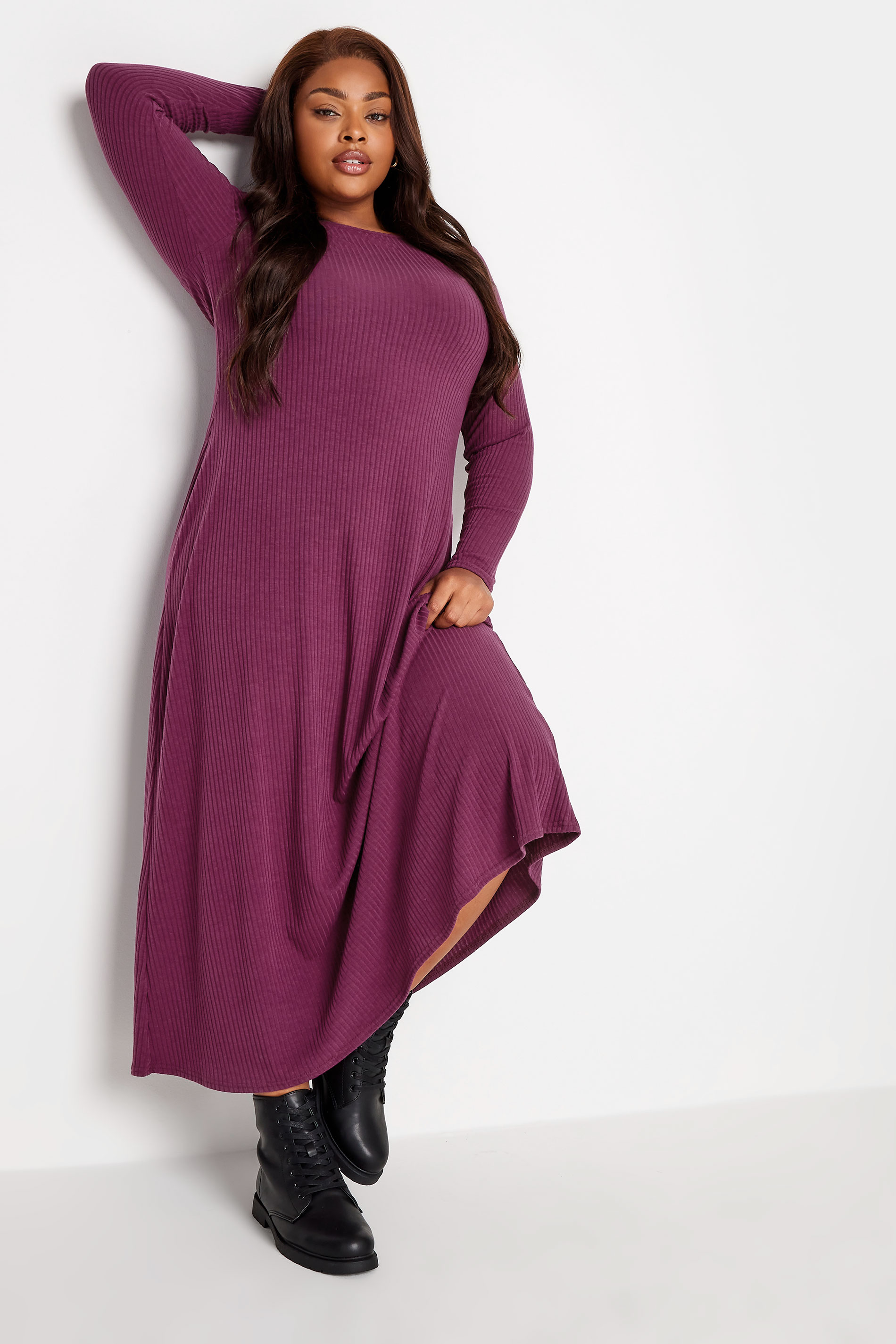 YOURS Curve Purple Ribbed Long Sleeve Swing Dress | Yours Clothing 2