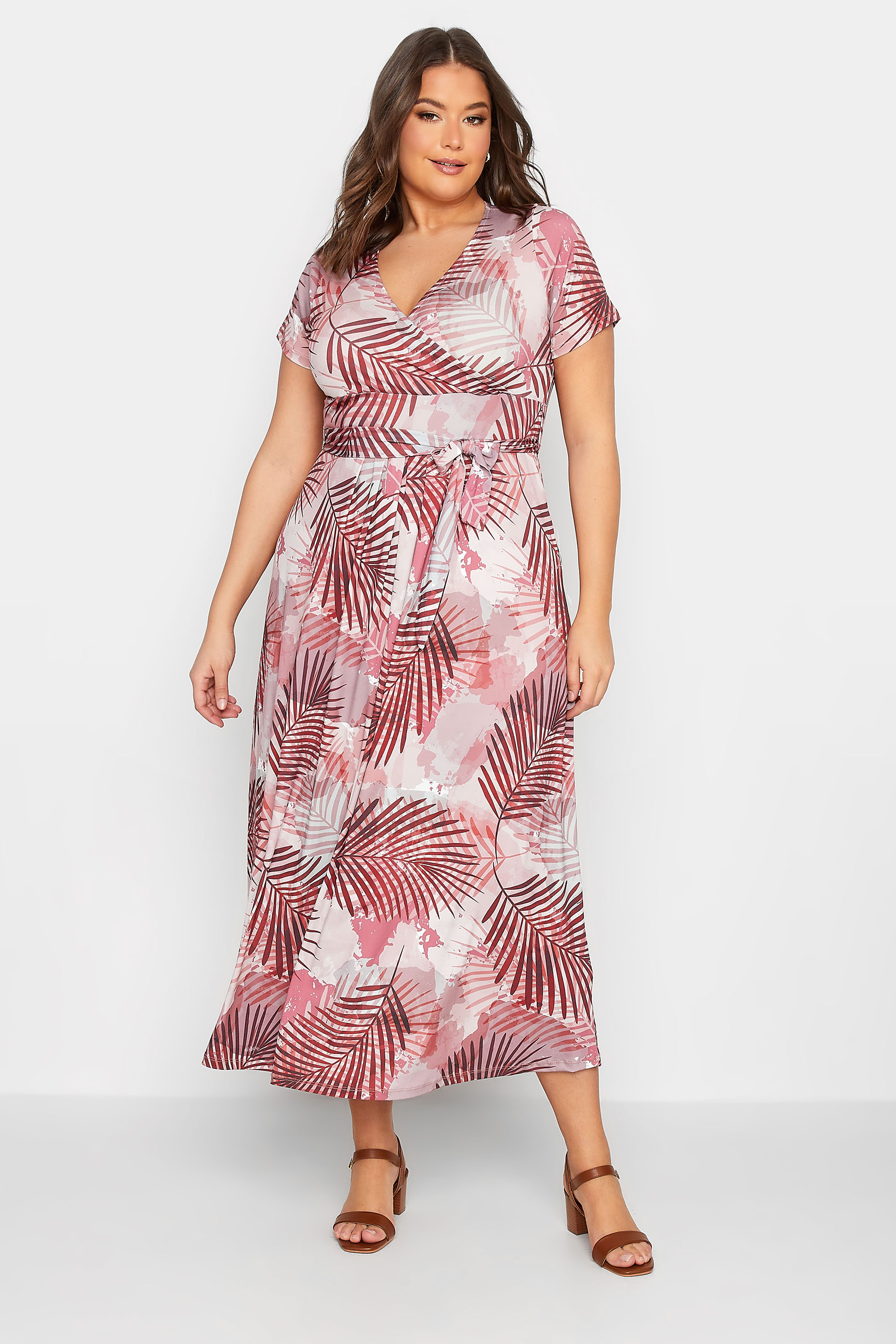 YOURS Plus Size Pink Leaf Print Wrap Maxi Dress | Yours Clothing 2