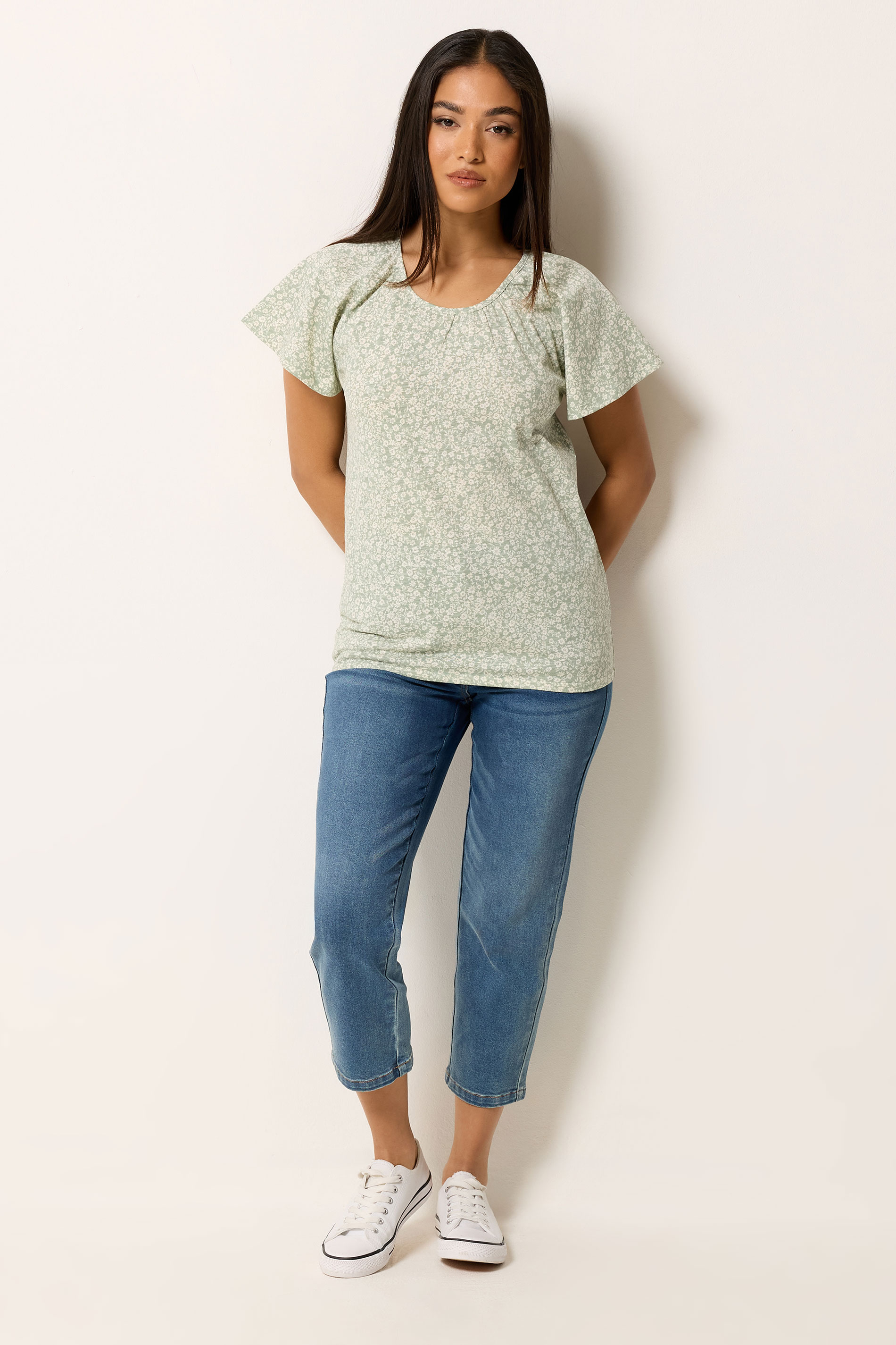 M&Co Petite Sage Green Floral Cotton Scoop Neck Top | M&Co 1