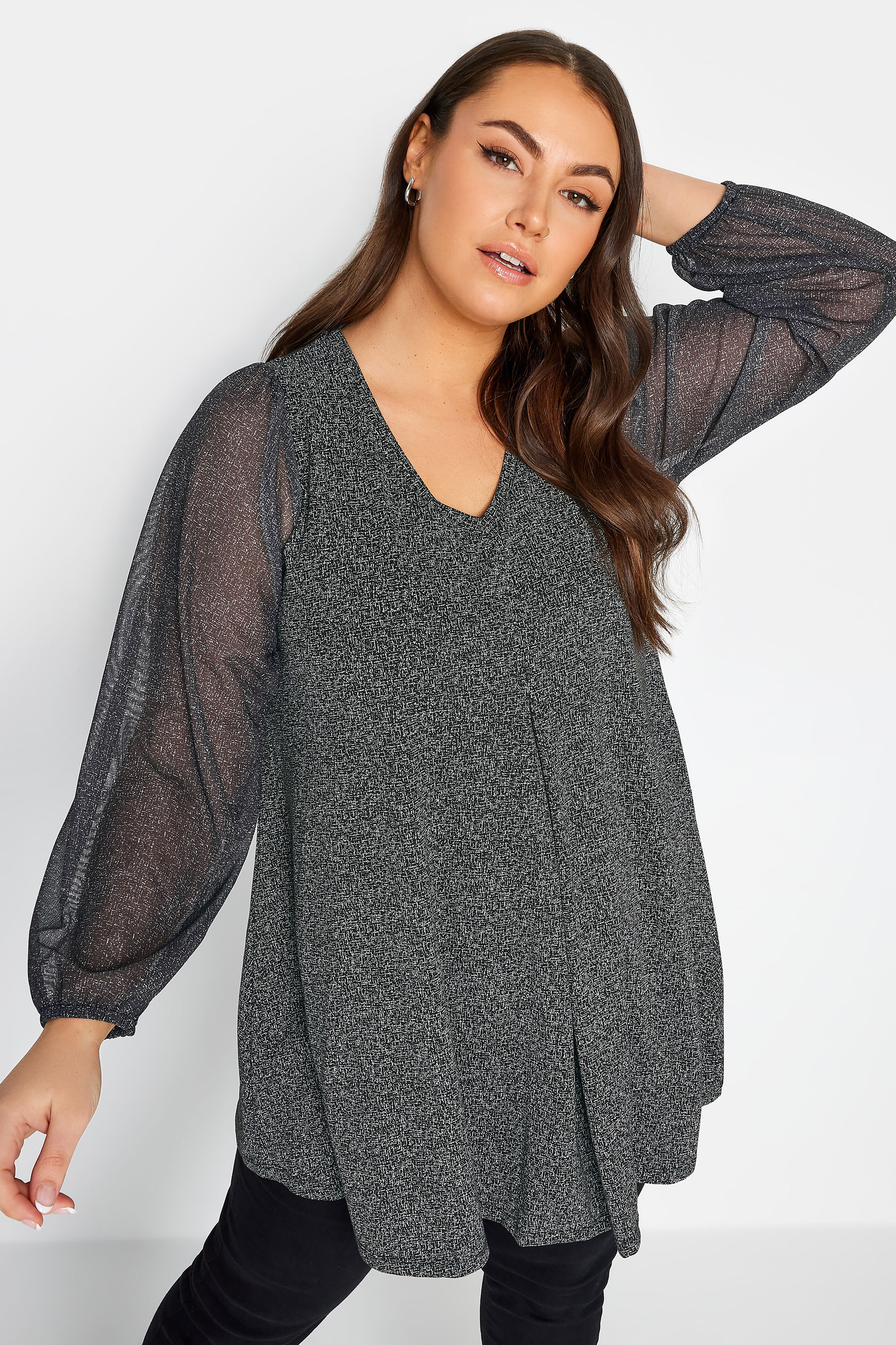 YOURS Plus Size Grey Mesh Sleeve Pleated Top | Yours Clothing 1
