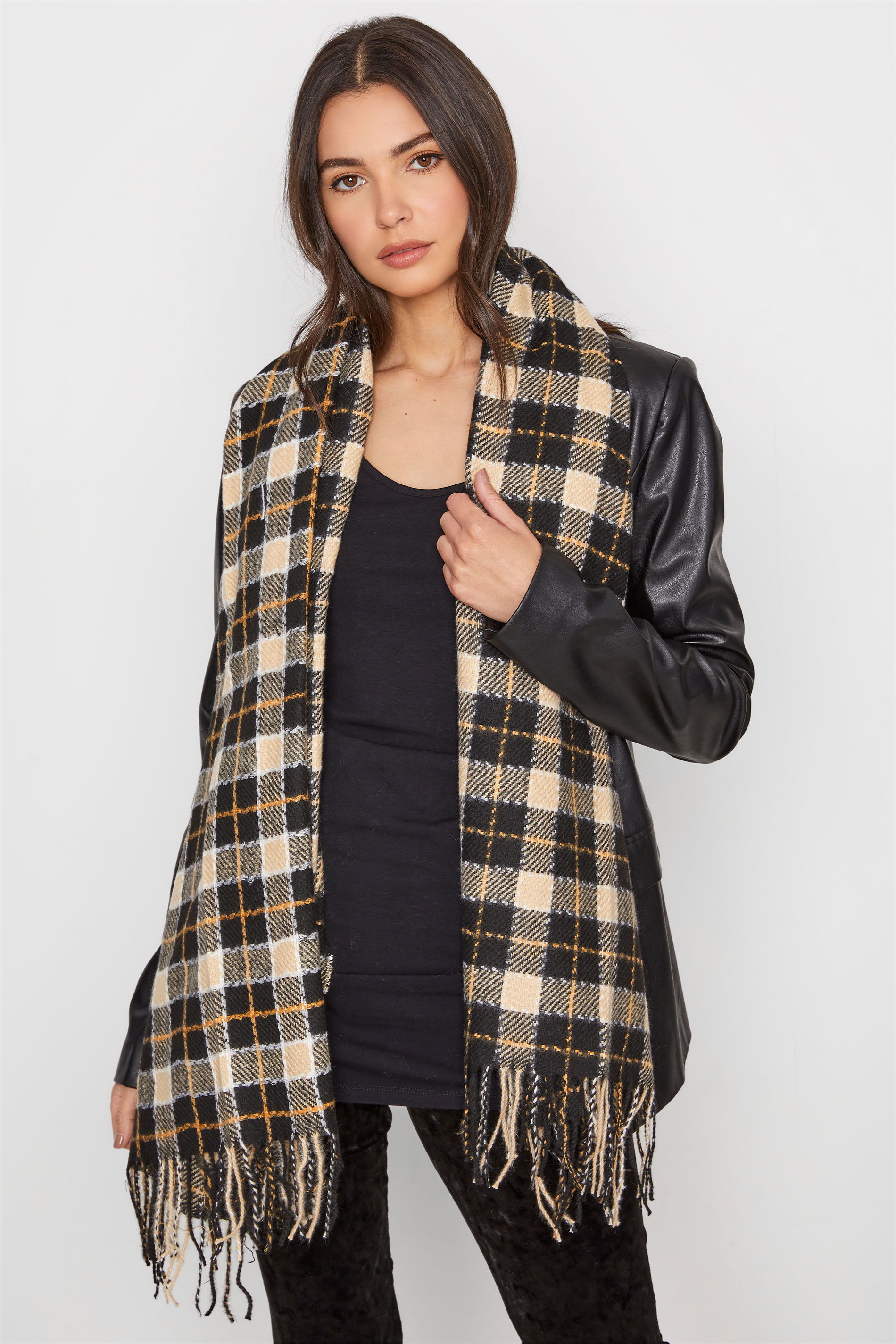 Plus Size Black & Beige Check Print Tassel Scarf | Yours Clothing 1