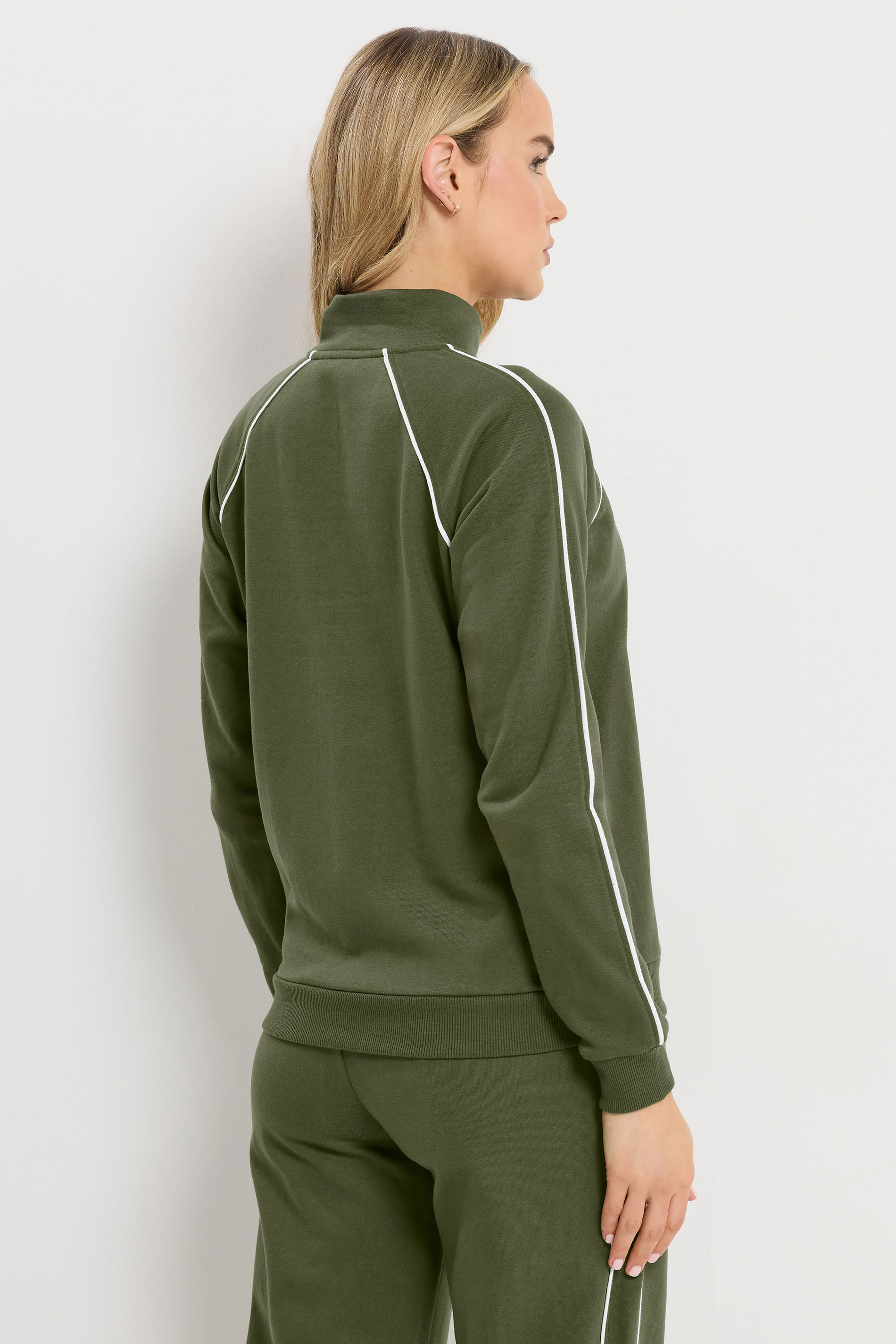 LTS Tall Women's Khaki Green Cotton Pipe Quarter Zip Sweatshirt & Wide Leg Trousers Set 4