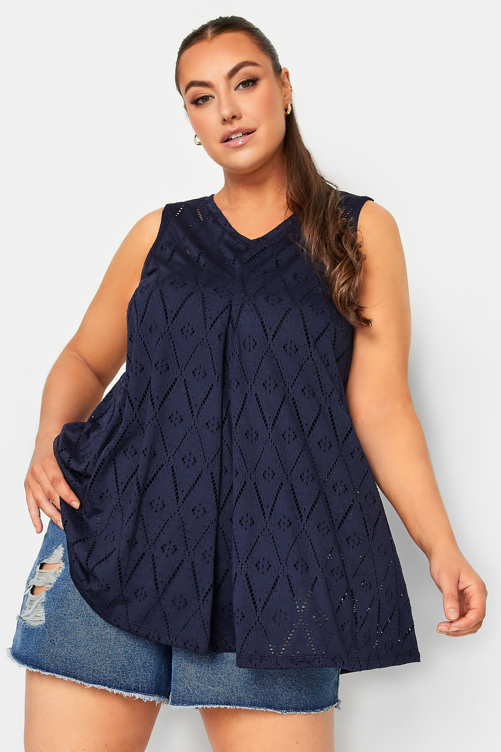 YOURS Plus Size Navy Blue Broderie Anglaise Pleated Vest Top | Yours Clothing 1