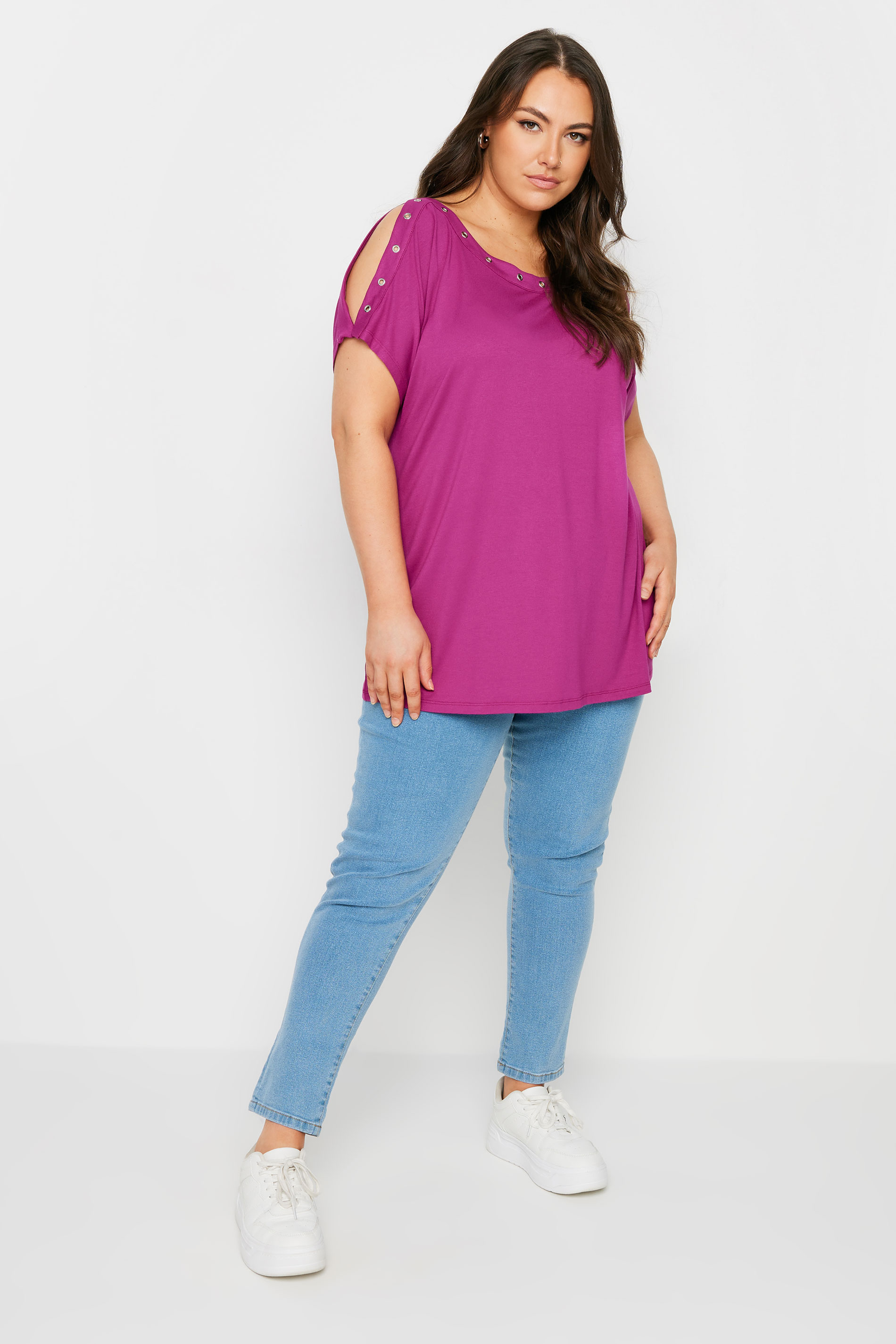 YOURS Plus Size Pink Eyelet Detail Cold Shoulder Top | Yours Clothing 2