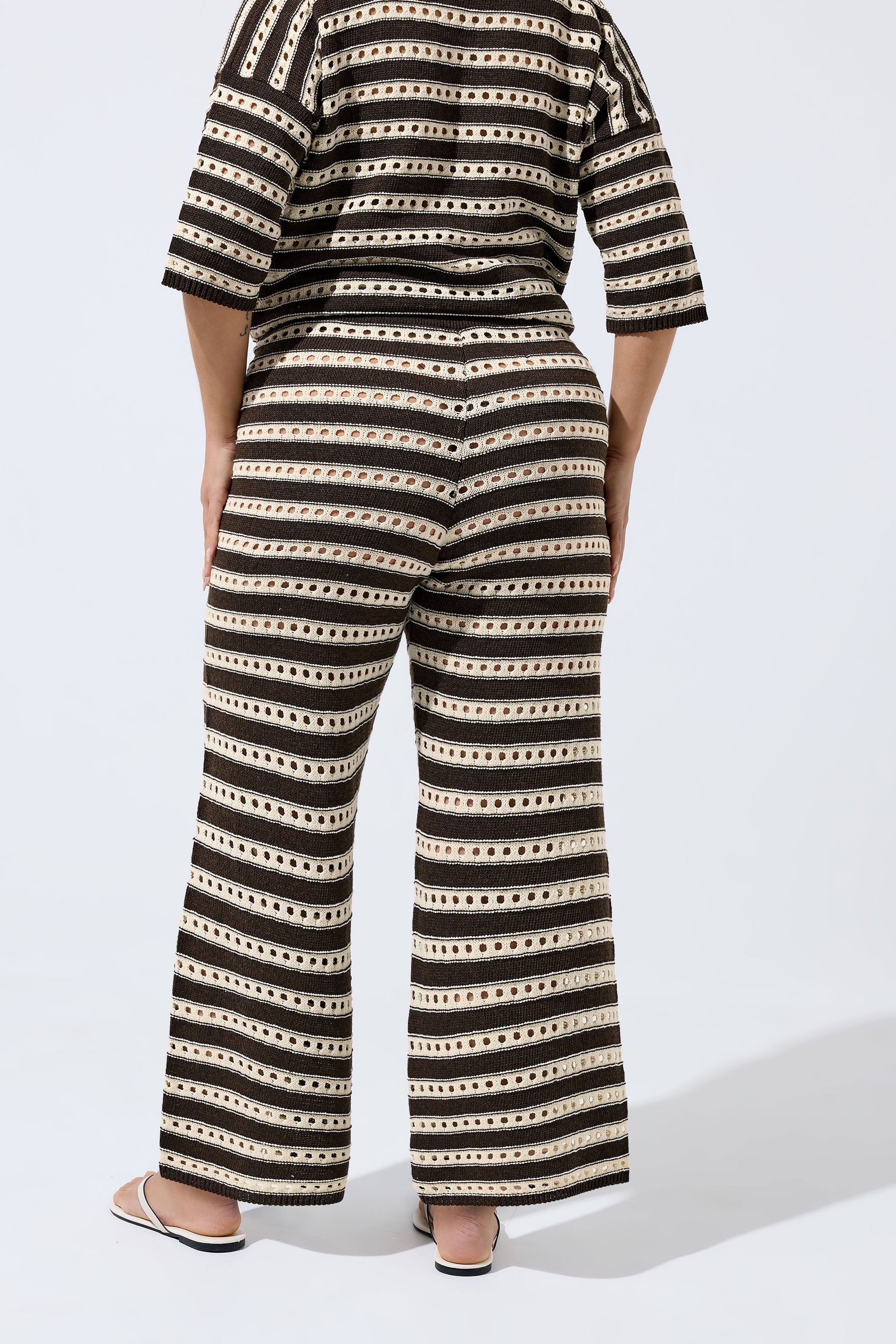 LIMITED COLLECTION Plus Size Chocolate Brown Stripe Crochet Wide Leg Trousers | Yours Clothing 2