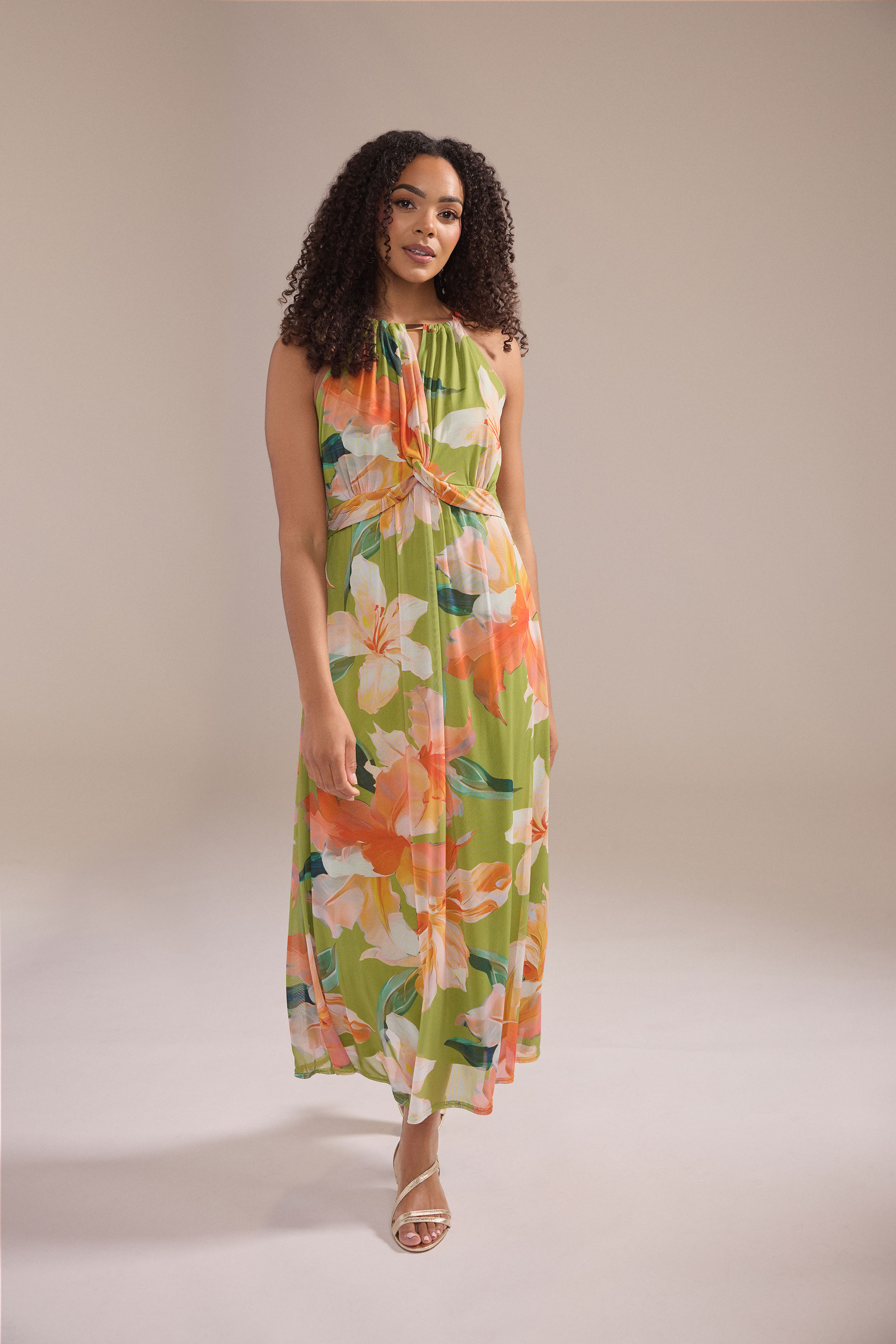 M&Co Green Floral Print Mesh Knot Front Halter Maxi Dress | M&Co 3