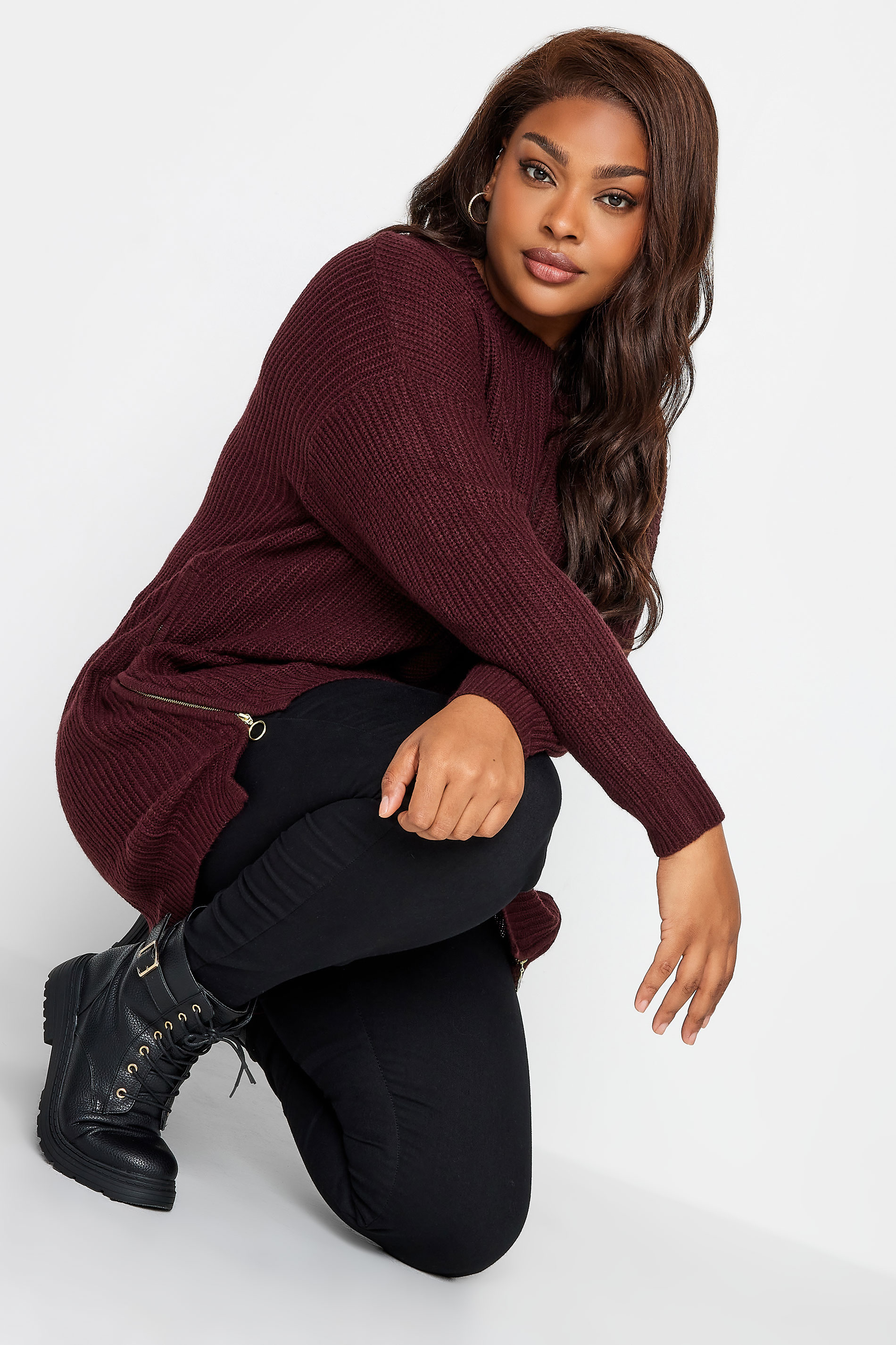 YOURS Plus Size Berry Red Side Zip Knitted Jumper | Yours Clothing 2
