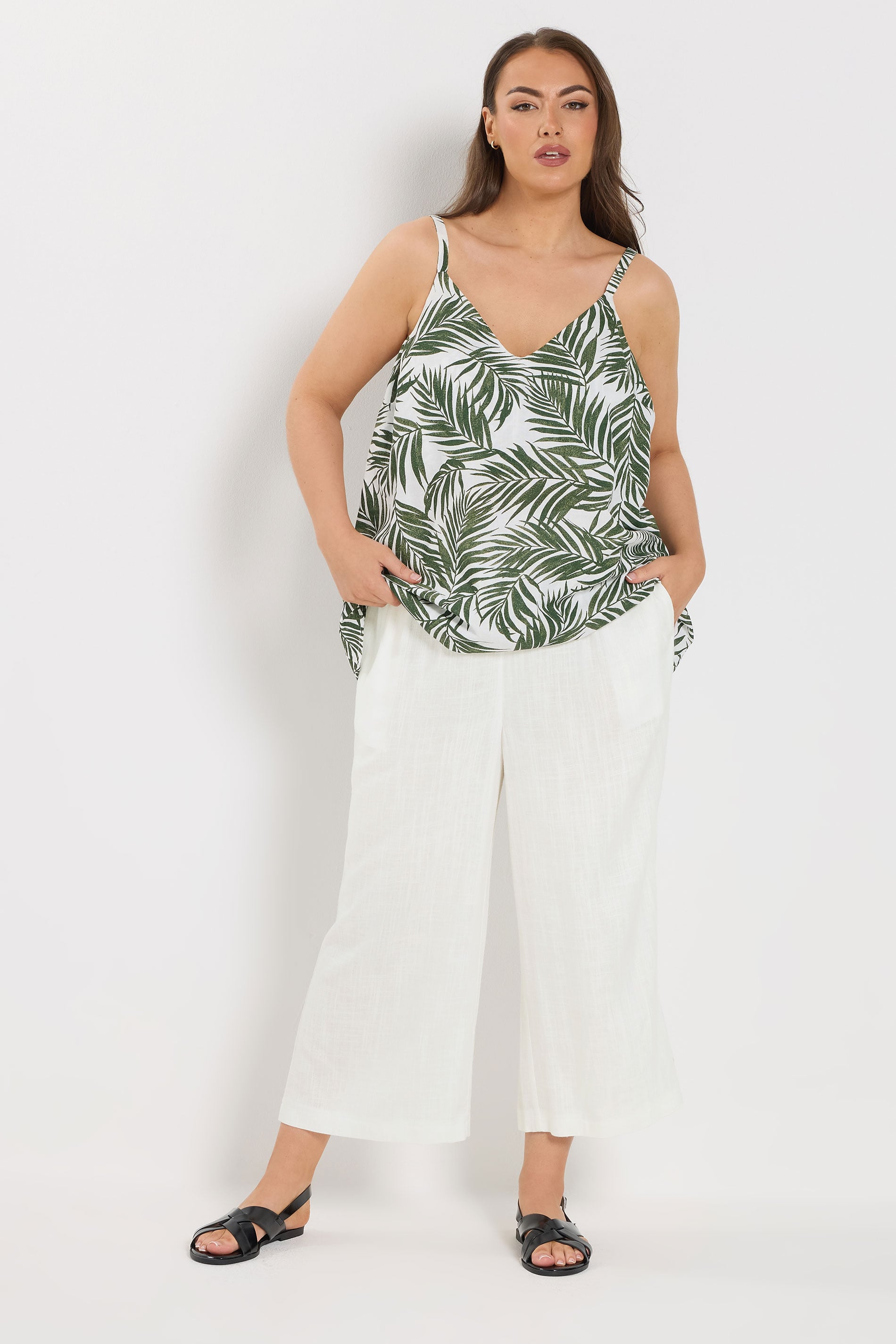 YOURS Plus Size White Linen Cropped Wide Leg Trousers | Yours Clothing 1