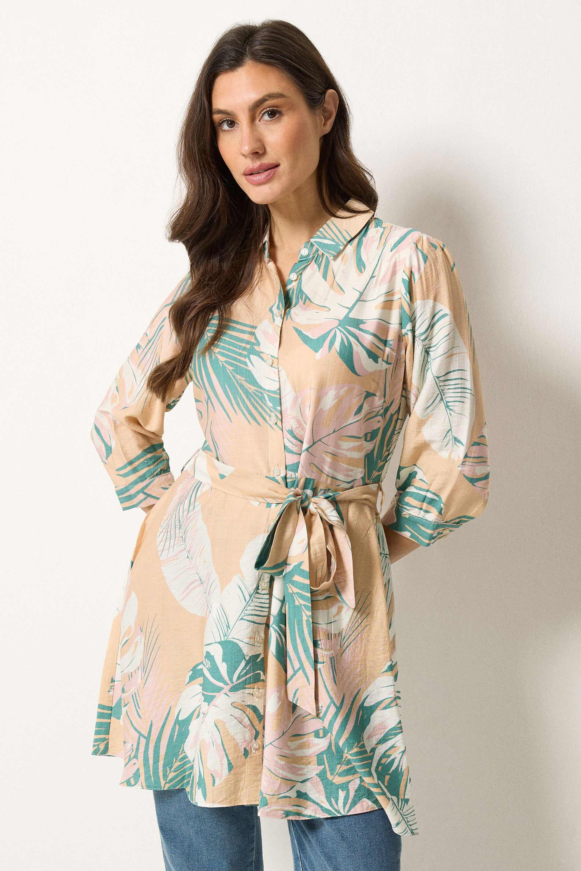 M&Co Pink & Green Abstract Floral Belted Tunic Shirt | M&Co 3