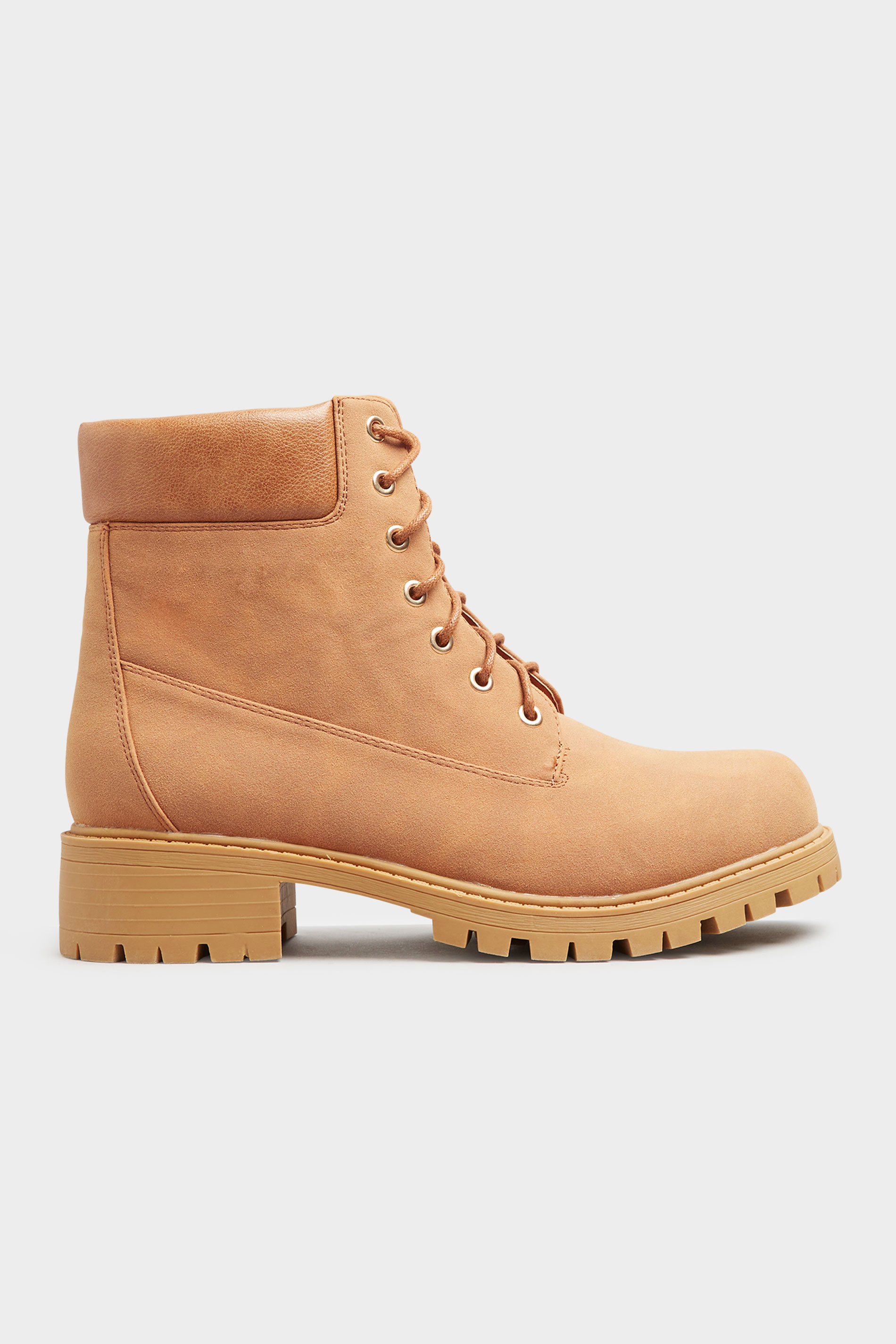 Tan Chunky Lace Up Boots In Extra Wide Fit | Yours Clothing