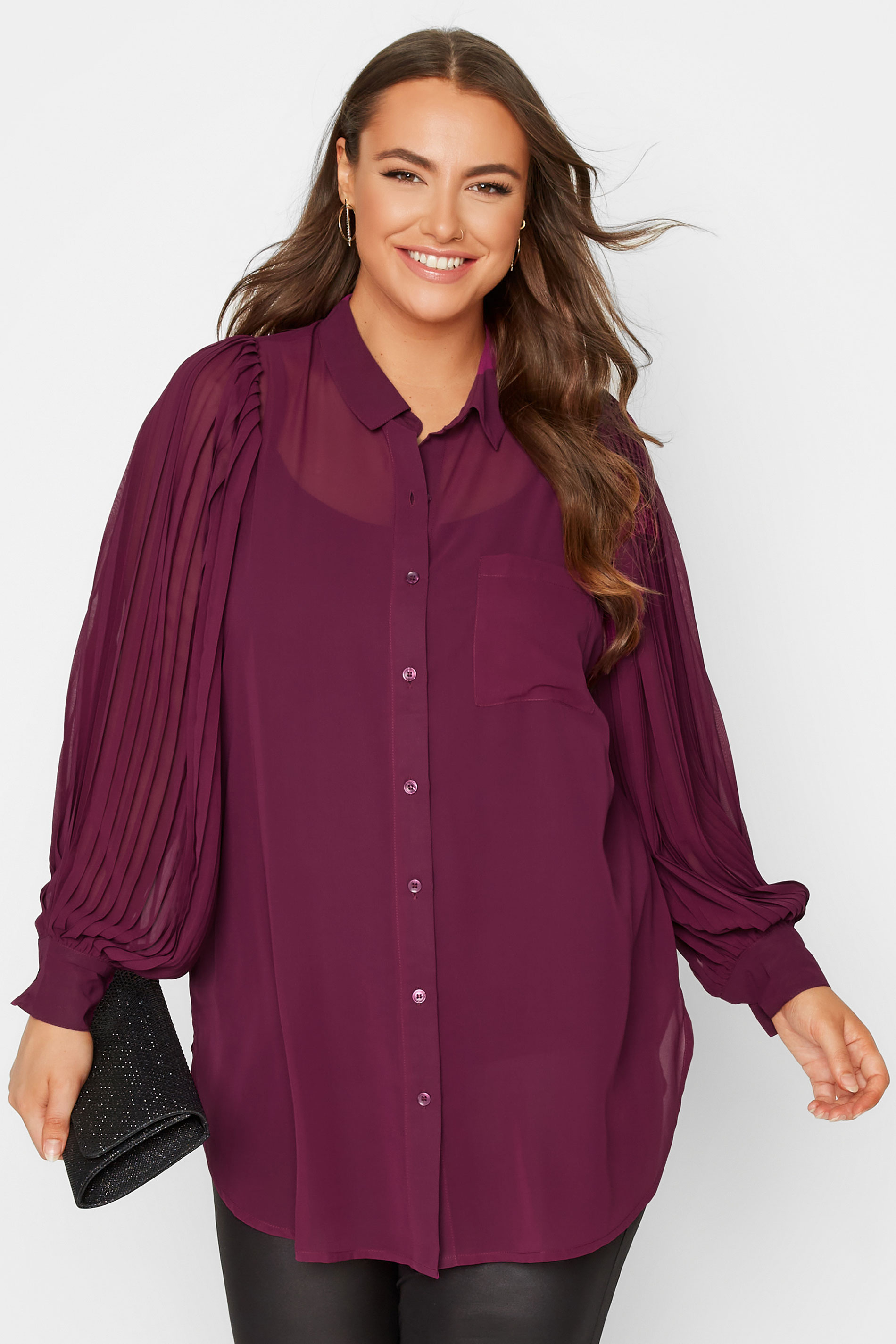 Plus Size YOURS LONDON Purple Pleat Sleeve Shirt | Yours Clothing 1