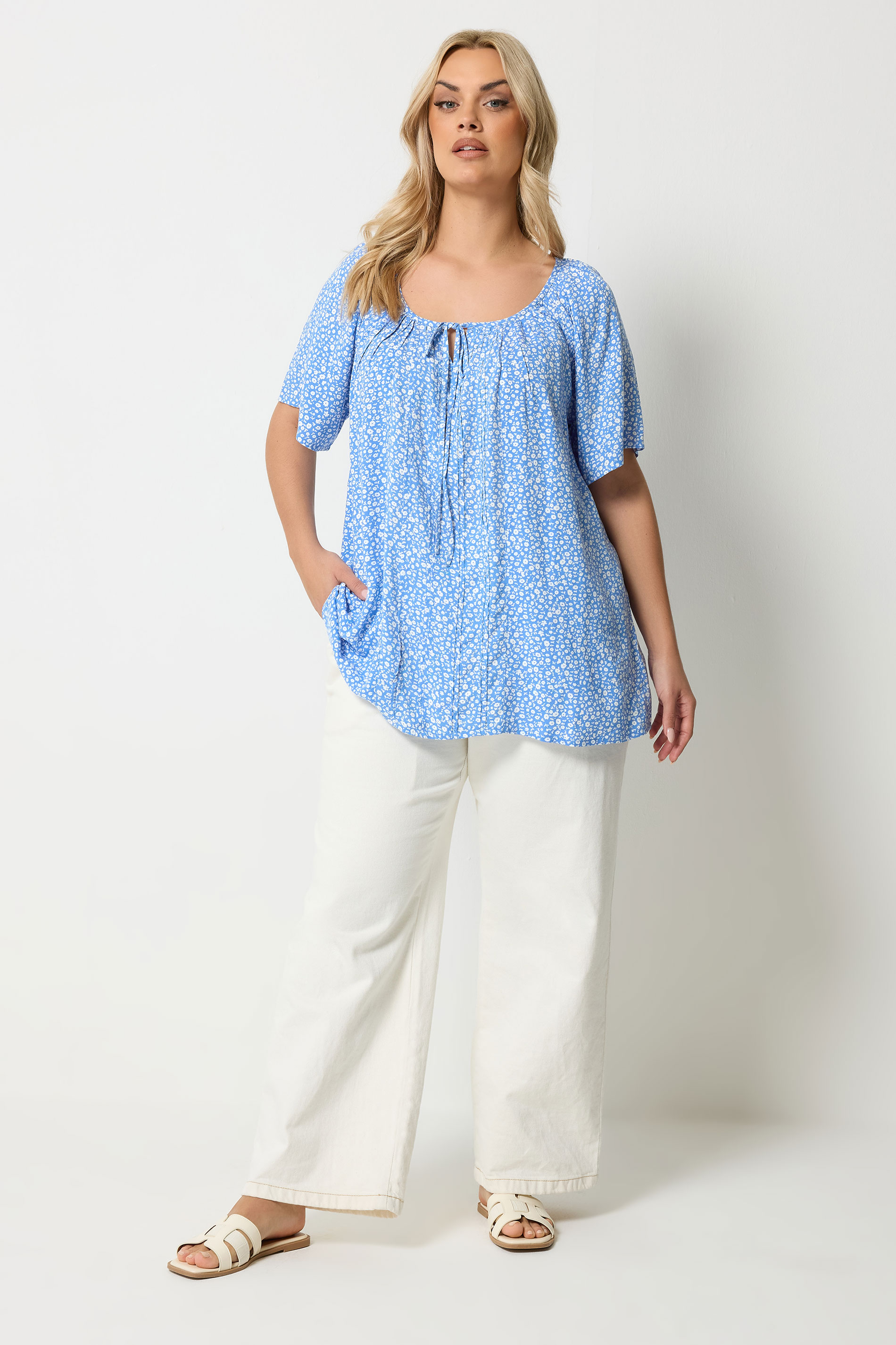 YOURS Plus Size Blue Floral Short Sleeve Pintuck Blouse | Yours Clothing 1