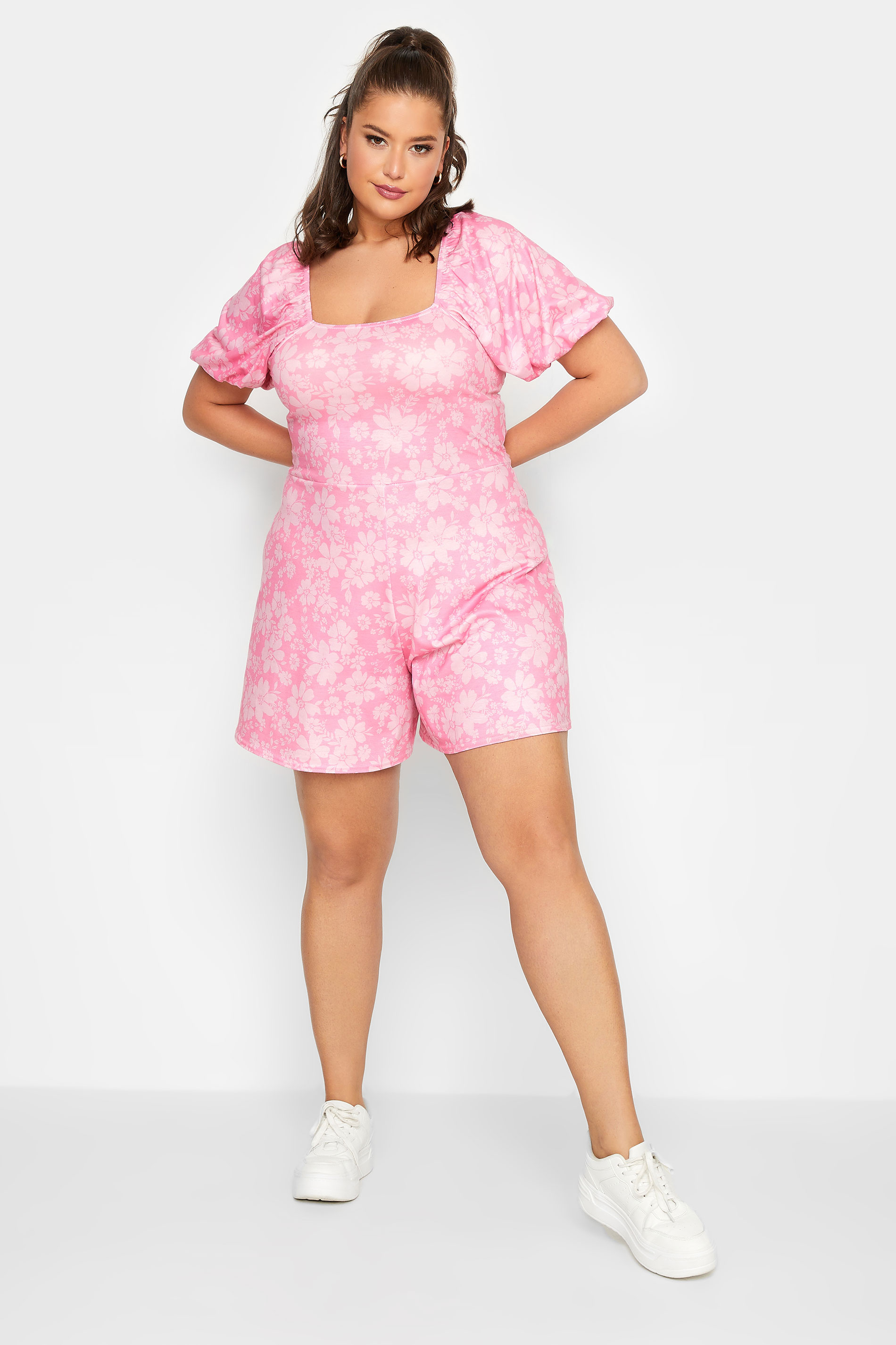 LIMITED COLLECTION Plus Size Pink Floral Bow Back Playsuit | Yours Clothing 1