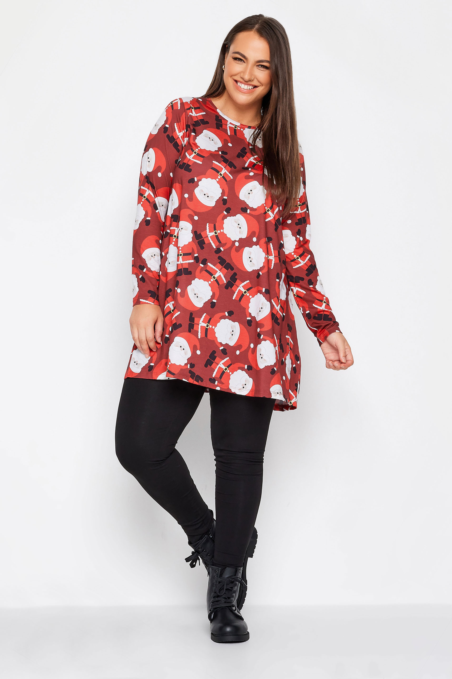 YOURS Plus Size Red Santa Print Christmas Tunic Top | Yours Clothing 2