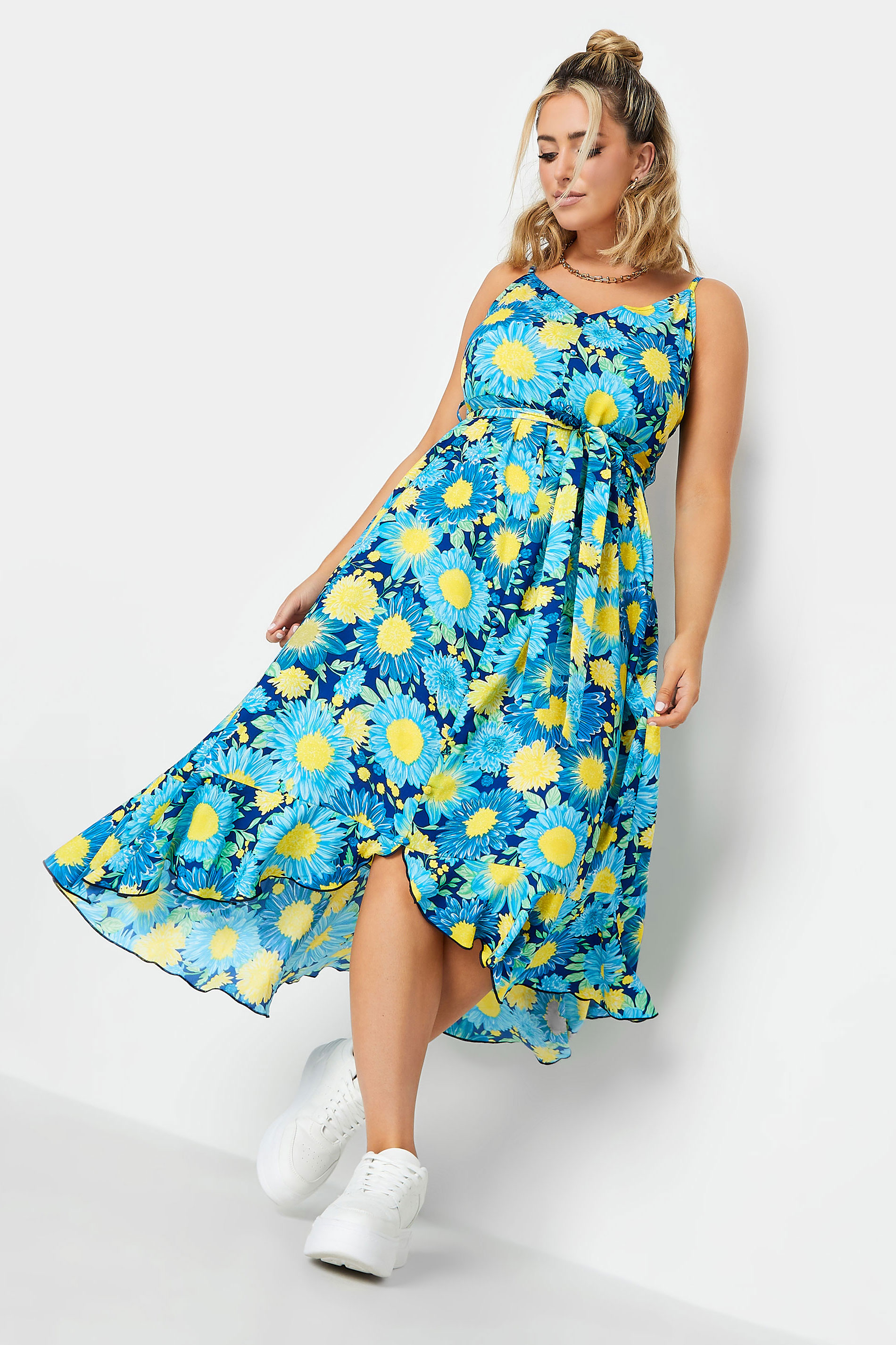 YOURS Plus Size Blue Floral Print Frill Hem Dress | Yours Clothing 2